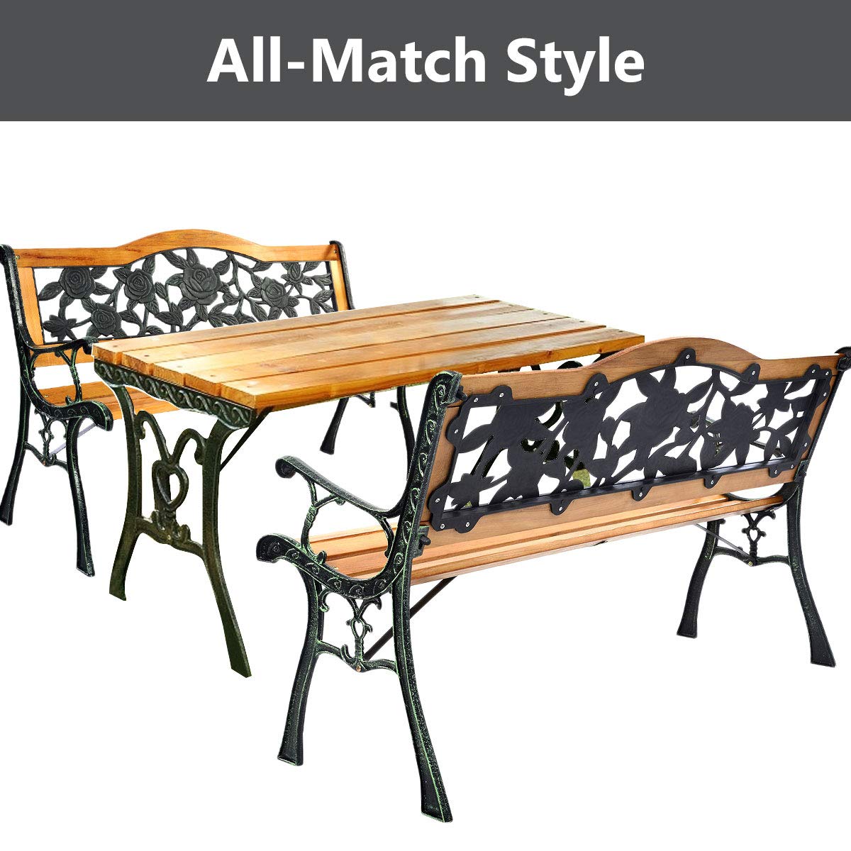 Giantex 50 Inch Patio Bench - Outdoor Wooden Loveseat with Cast Iron Frame, Weatherproof 2-Person Porch Swing for Garden, Deck, and Backyard Relaxation
