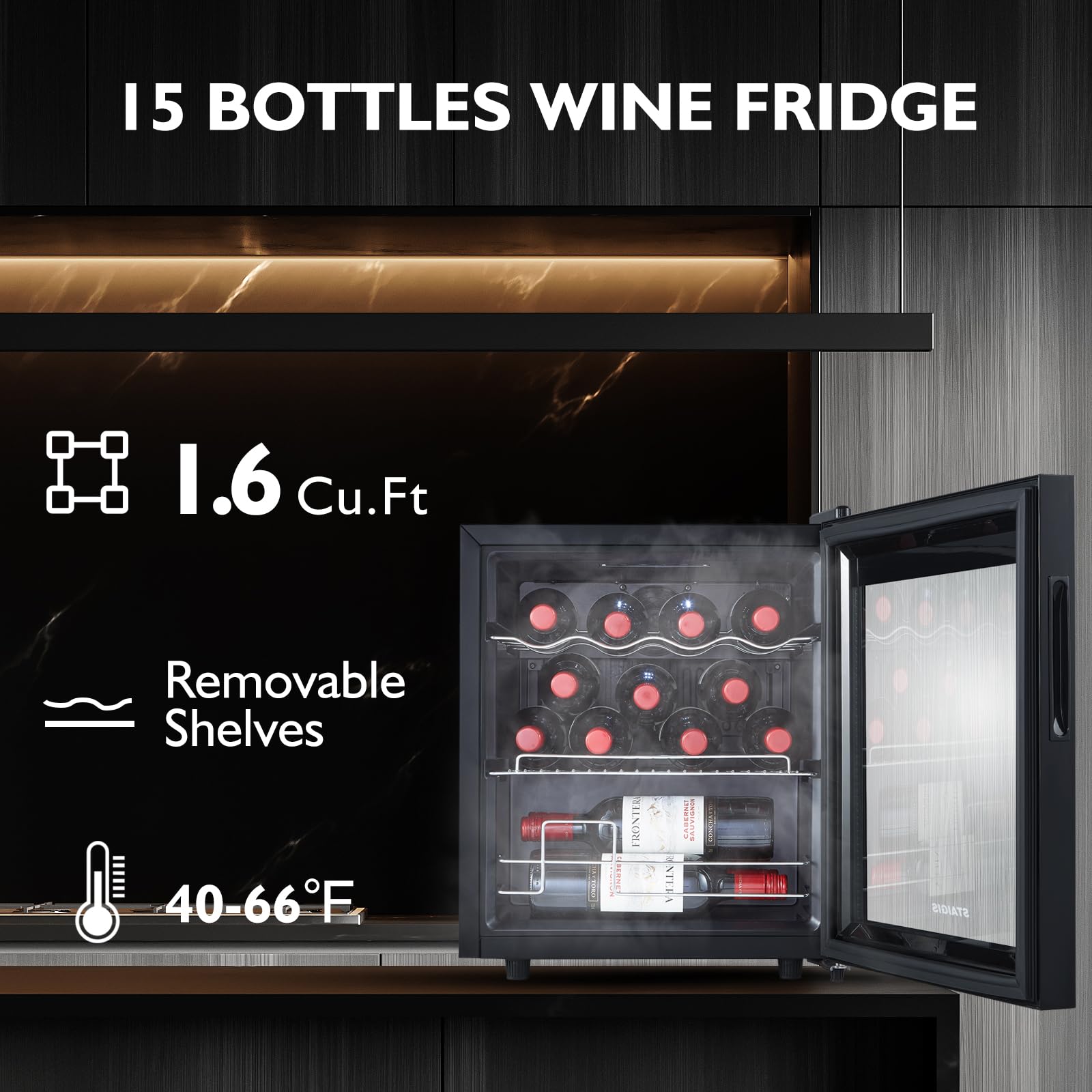 15 Bottle Mini Wine Fridge Freestanding - Digital Control Wine Cooler Refrigerator for Red & White Wine with Glass Door - Perfect for Home Bar, Kitchen Countertop & Office Use