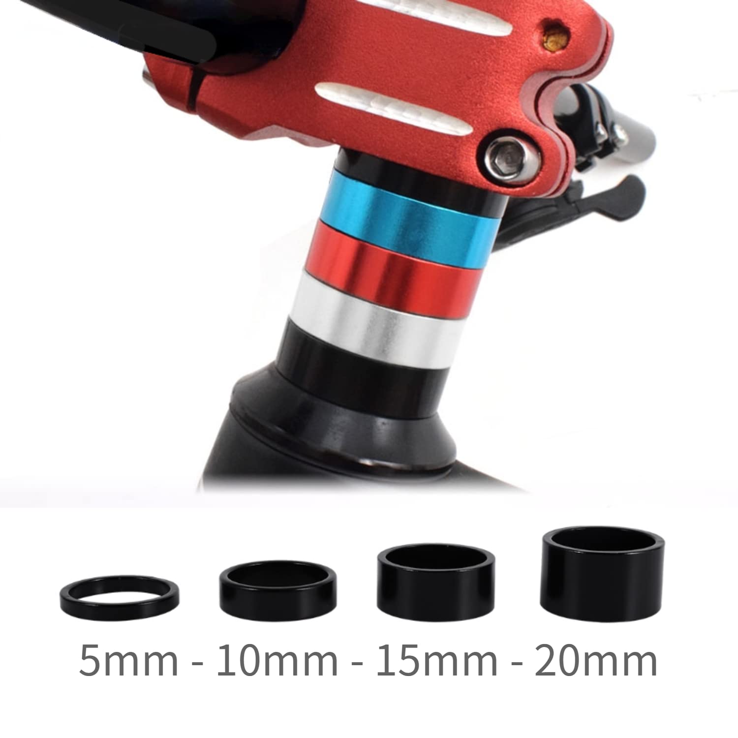 Dilwe 4Pcs Bike Stem Spacer Set - 5mm/10mm/15mm/20mm Aluminum Alloy Headset Spacers for MTB Road Bikes (4 Colors) - Perfect for Bike Maintenance, Repair and Customization