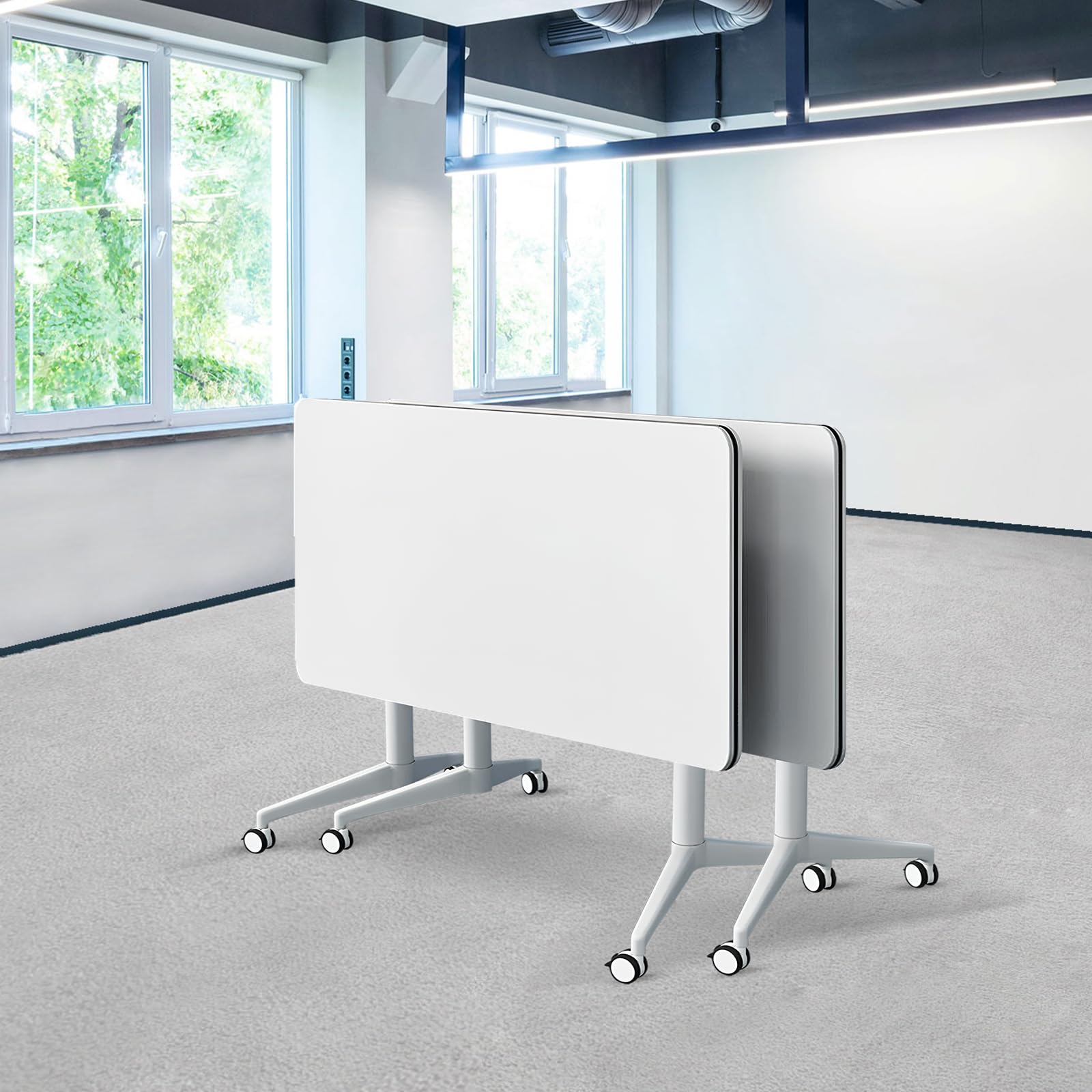Foldable Conference Table with Wheels - White Rectangular Meeting Table for 2-10 People, Flip Top Design (47.2
