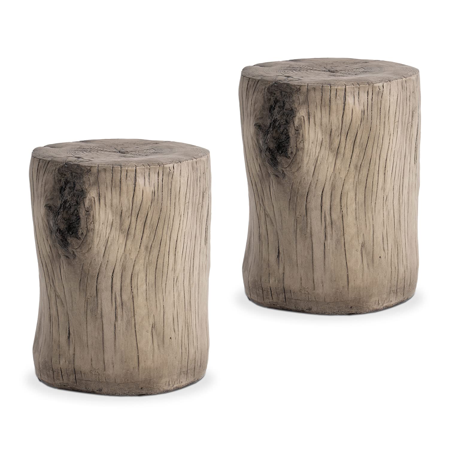 Vintage Gray Faux Wood End Table Set of 2 - Hand-Painted Wood Stump Stool, Ottoman & Plant Stand for Patio, Deck, Garden or Living Room Decor