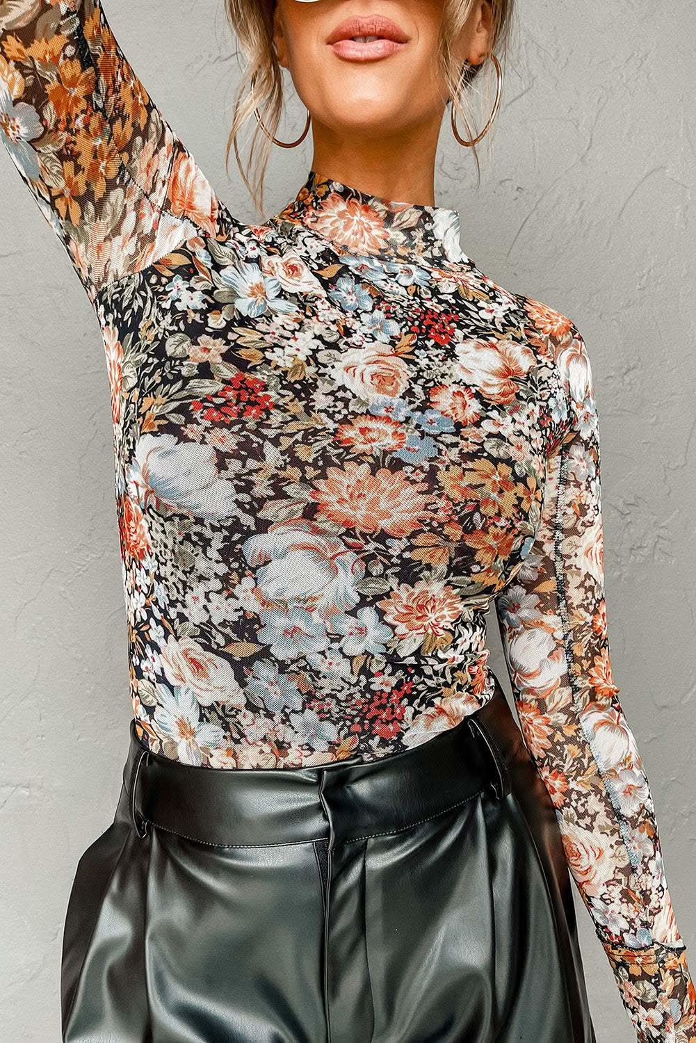 Elegant Brown Floral Mesh Blouse for Women - Stylish & Breathable Top for Casual Outings, Date Nights & Office Wear