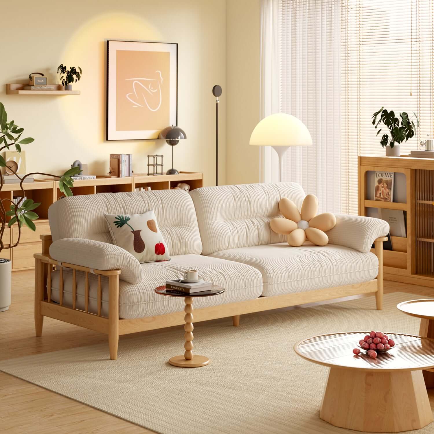 Japandi Style Solid Ash Wood Sofa - Cotton Linen, Corduroy & Cat Scratch Resistant Fabric Options | Modern Scandinavian Japanese Fusion Sofa for Living Room, Lounge & Office