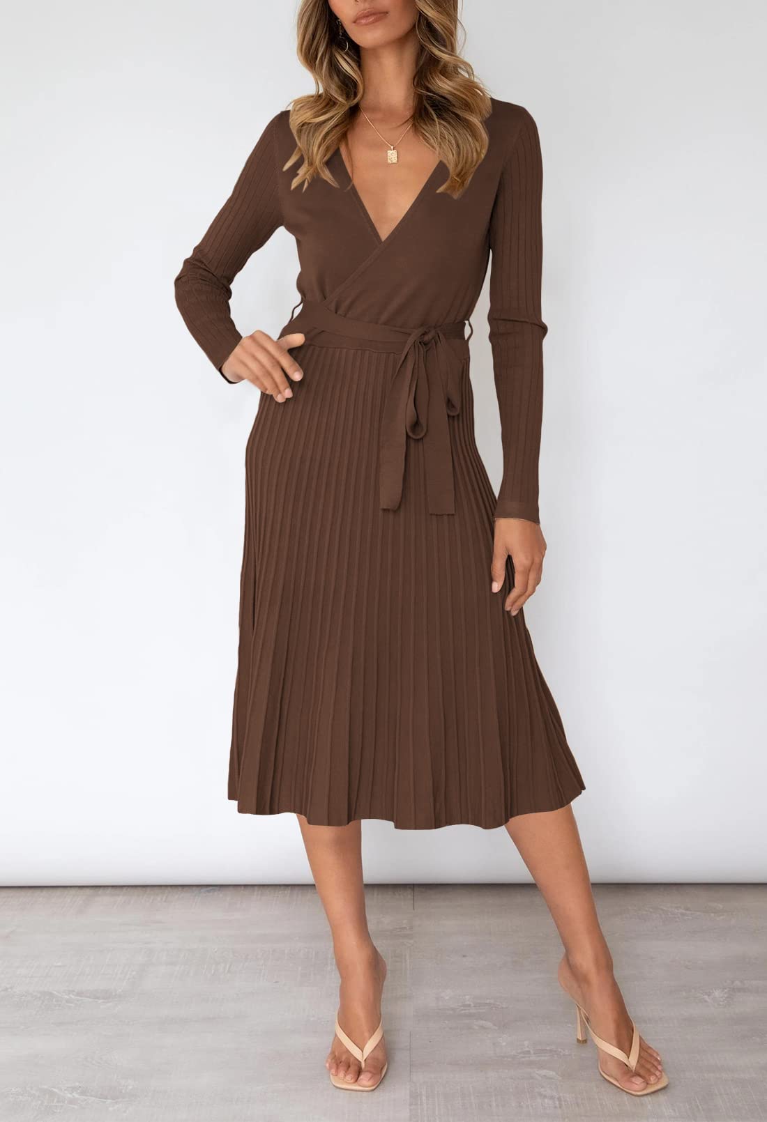 Pink Queen Women's Wrap Sweater Dress - V Neck Long Sleeve Ribbed Knit Midi Dress with Belt | Casual Office Wear, Fall Winter Fashion, Date Night Outfit