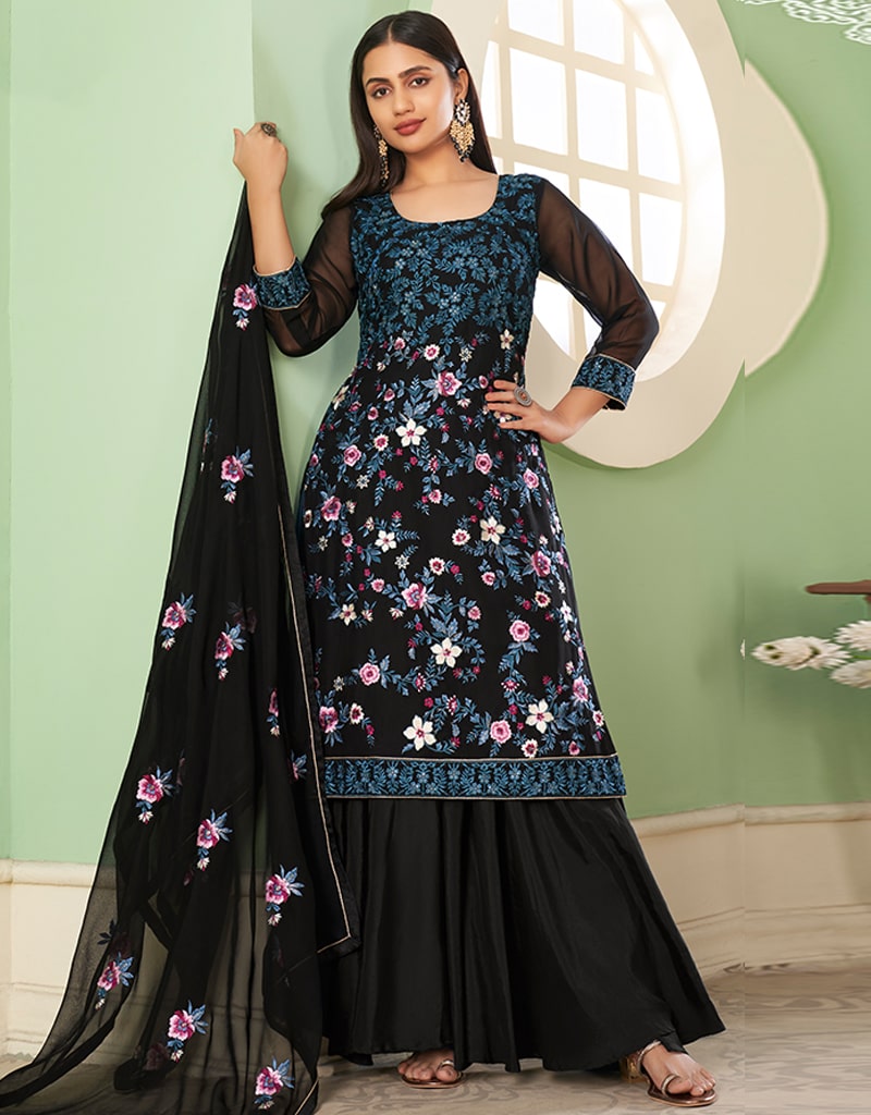Elegant Black Palazzo Style Suit in Flowy Georgette Fabric - Perfect for Office Wear, Evening Events & Special Occasions