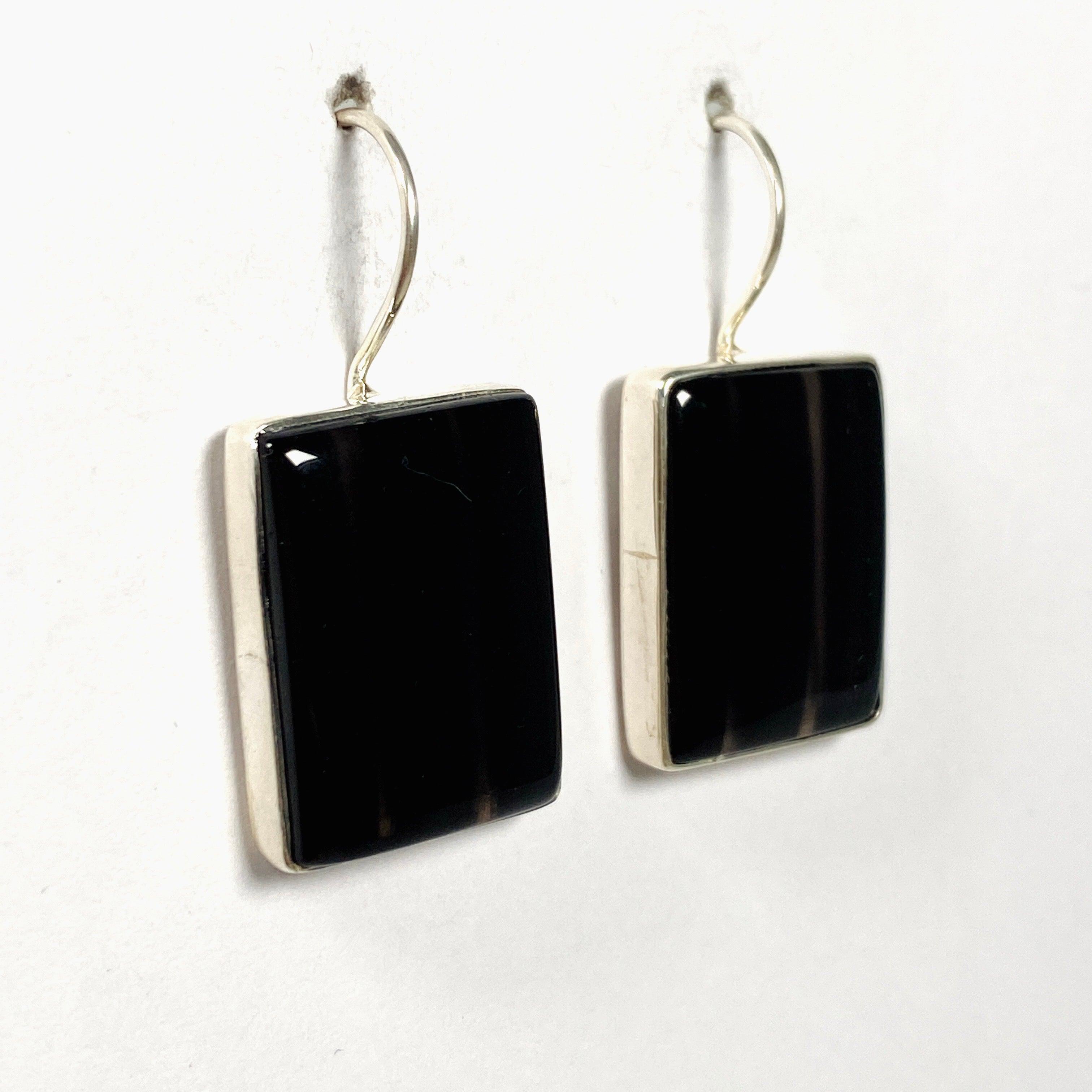 Midnight Obsidian Rectangular Hook Earrings for Women - Elegant Black Gemstone Jewelry for Parties, Weddings & Evening Events - KEGJ1351
