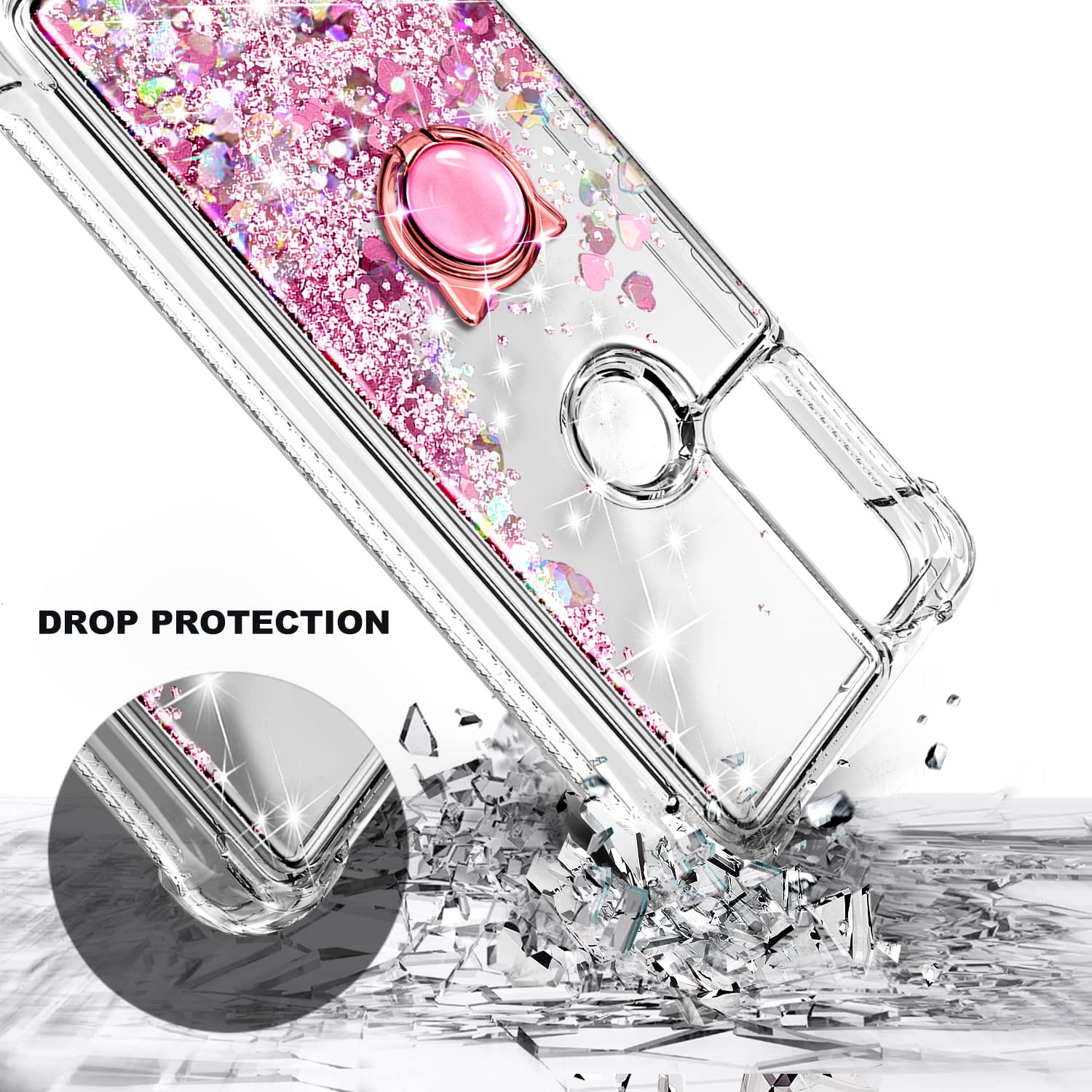 Sparkle Glitter Liquid Cute Phone Case for AT&T Radiant Max 5G, Cricket Dream 5G, AT&T Fusion 5G & Innovate 5G - Rose Gold with Tempered Glass Screen Protector, Ring Holder & Wrist Strap - Perfect for Everyday Use, Parties & Gift Giving