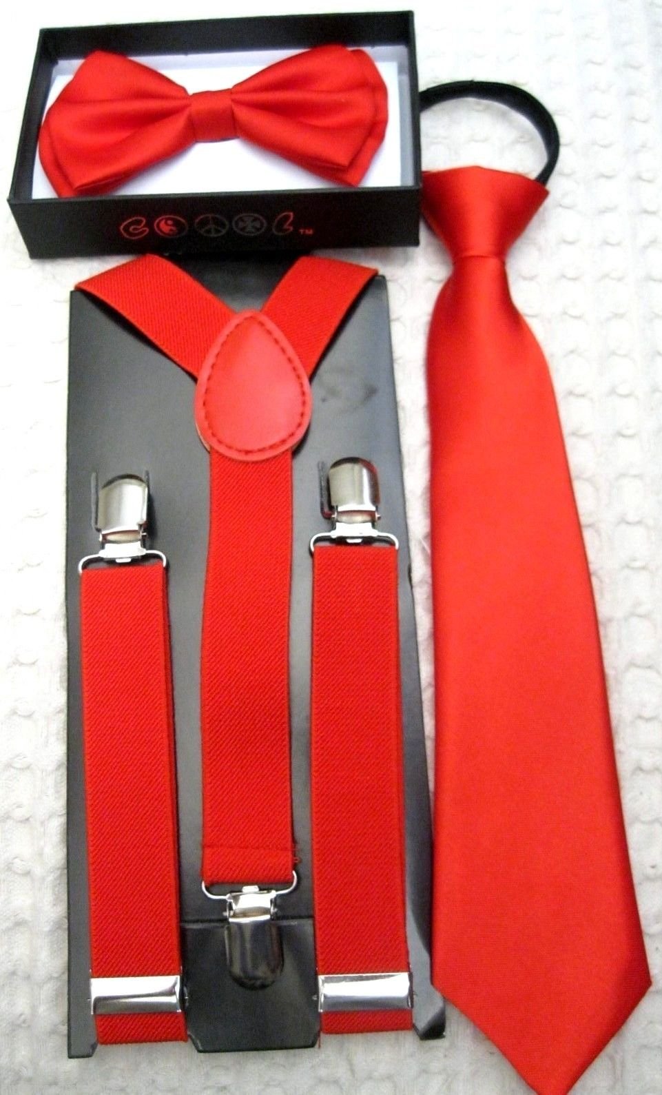 Stylish Unisex Kids & Teens 2-Layer Adjustable Polyester Silk Bow Tie with Matching Red Suspenders & Neck Tie Set - Perfect for School Dances, Weddings & Formal Events