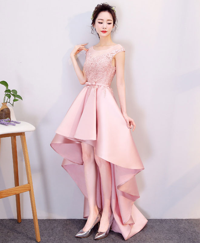 Elegant Pink High-Low Lace Prom Dress for Women - Formal Bridesmaid Gown with Flowy Skirt - Perfect for Weddings, Parties & Special Occasions