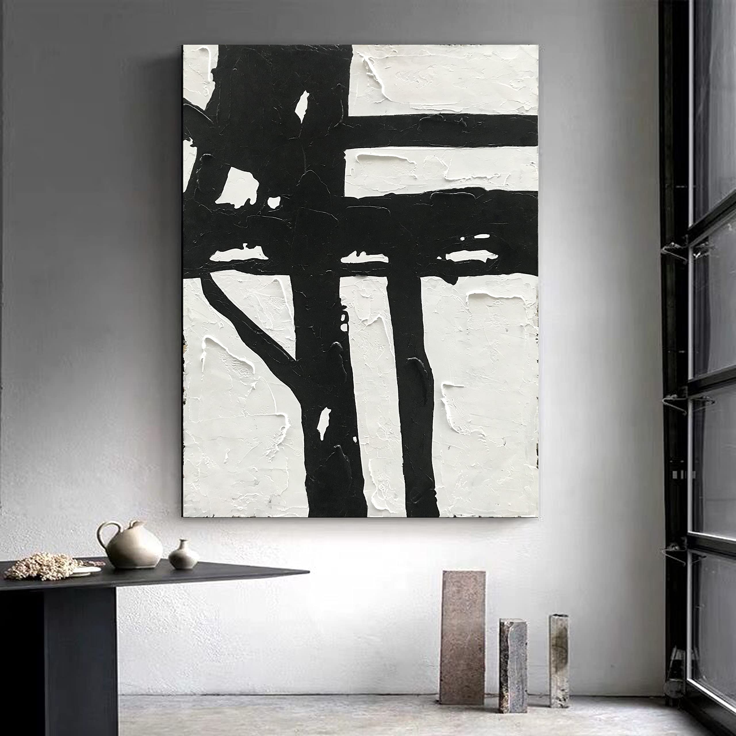 Hand-Painted Black and White Abstract Wall Art - Contemporary Minimalist Oil Painting 45x30 Inch - Large Modern Canvas Art for Living Room, Bedroom, Office & Hallway Decor - Perfect for Home, Apartment & Commercial Spaces