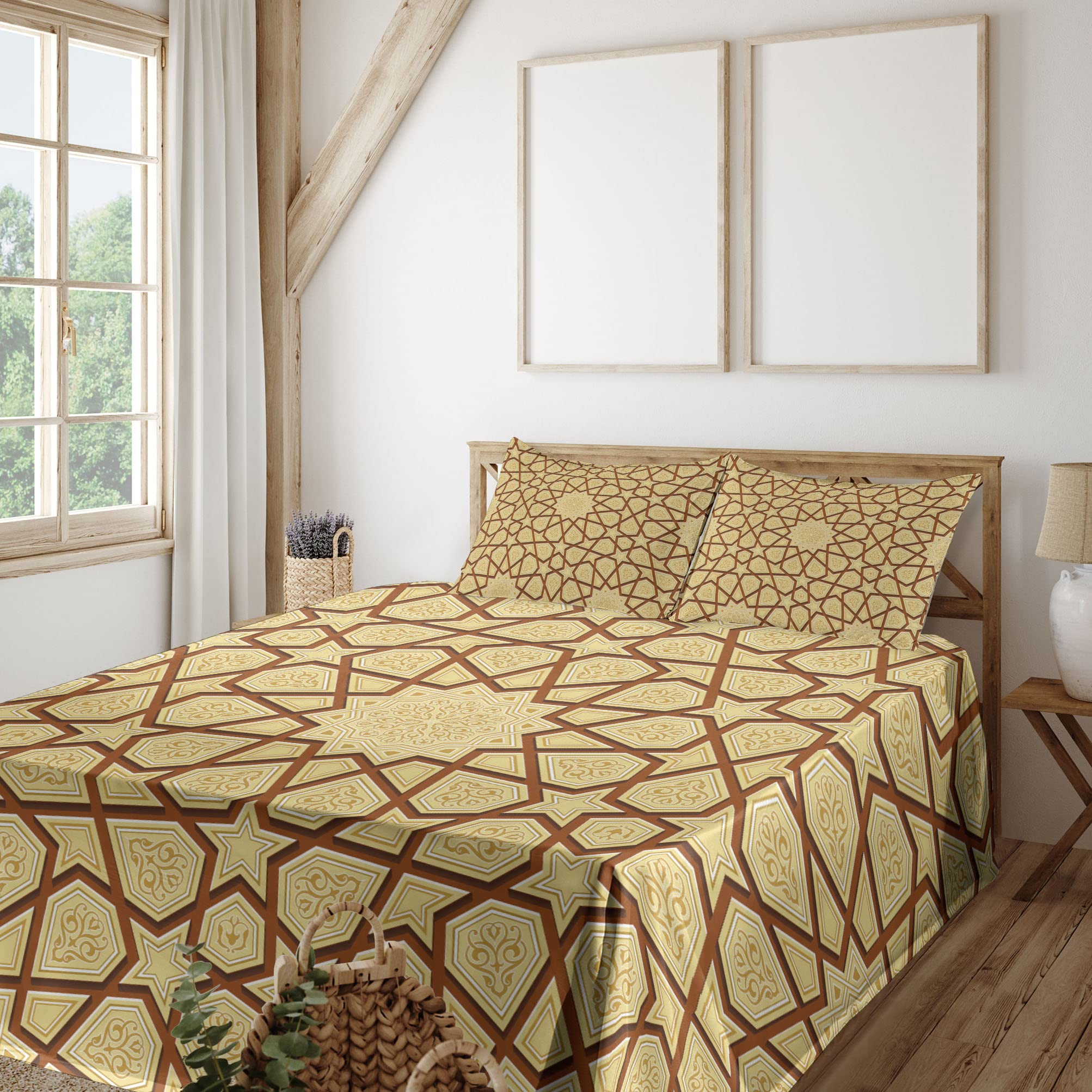 Ambesonne Vintage Star & Eastern Architecture Bed Sheet Set - 4 Piece King Size Cream Brown Retro Fractured Design Fitted & Flat Sheets with Pillowcases | Perfect for Boho Bedrooms, Guest Rooms & Cozy Home Decor