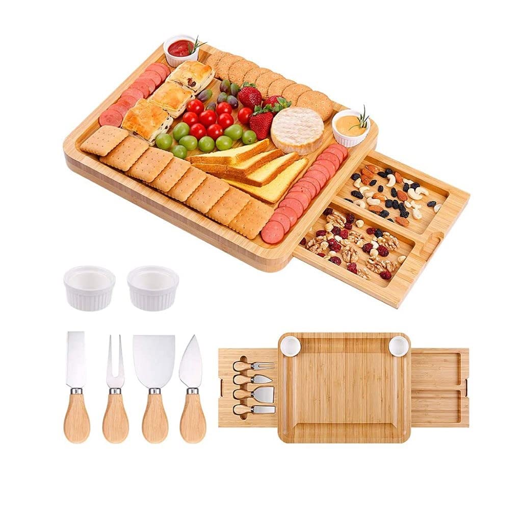Premium Bamboo Charcuterie Board Set with 4 Stainless Steel Knives - Natural Cheese Serving Platter, Cutting Board & Cheese Tools for Entertaining, Parties & Gifts