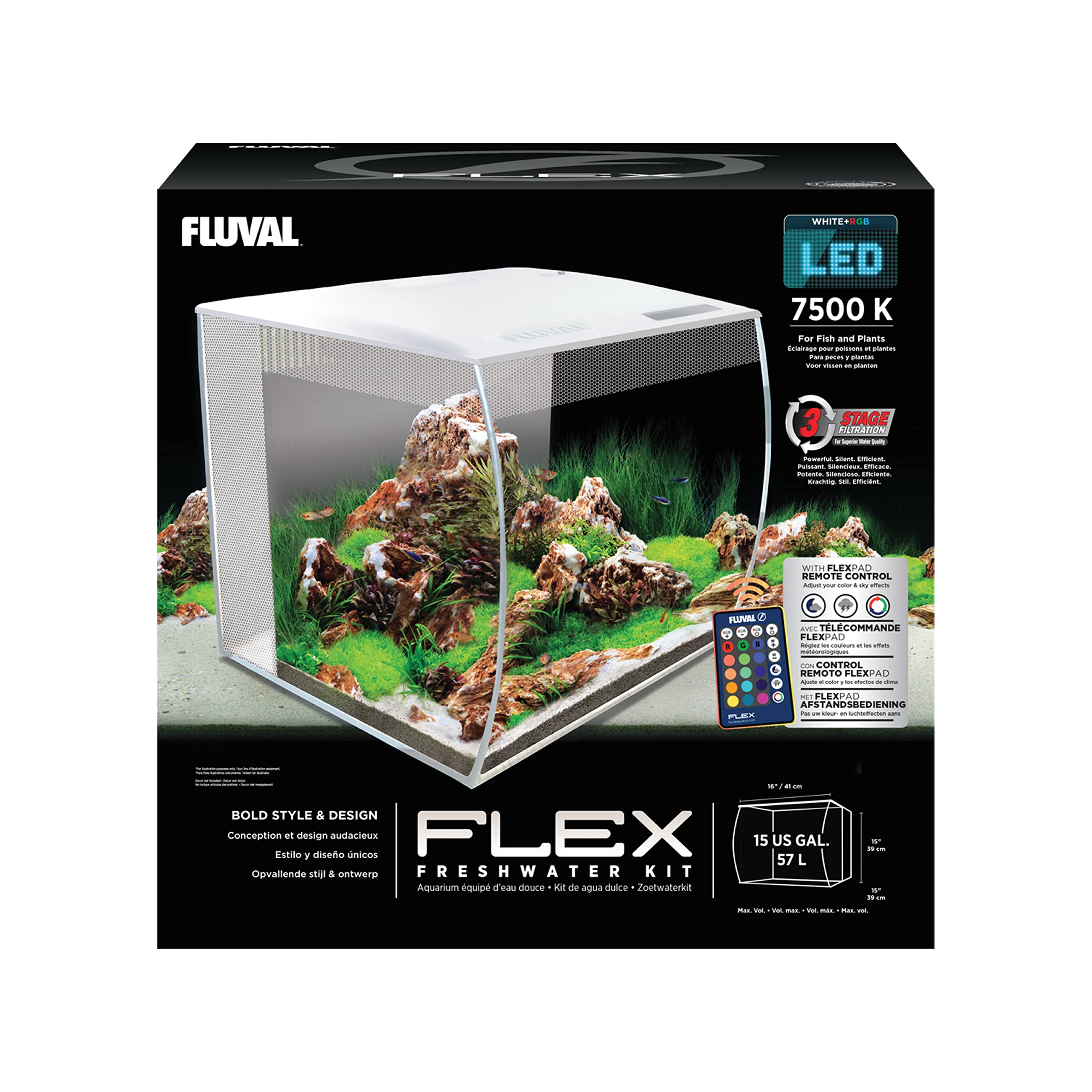 Fluval Flex 15 Gallon Aquarium Kit - Complete Fish Tank with LED Lights & Filtration System - 16x15x15 Inch White Tank for Freshwater Fish, Plants & Aquatic Pets - Perfect for Home, Office & Classroom Decor