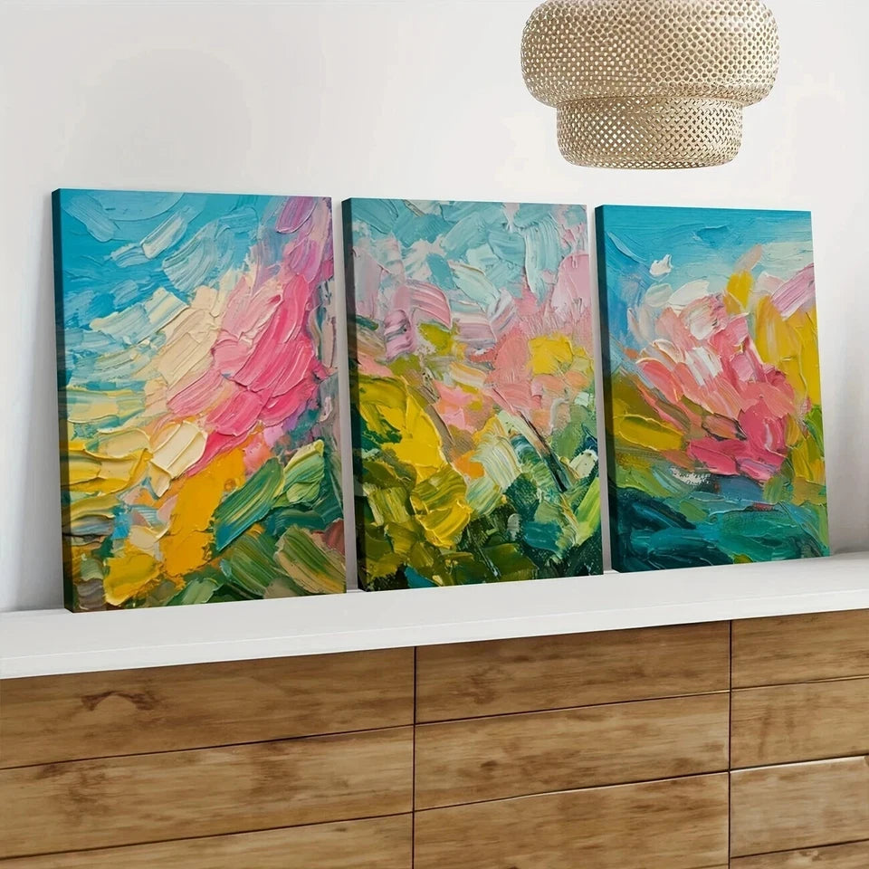 3-Piece Abstract Nature Wall Art Set - Blue, Pink & Yellow Canvas Prints (50x70cm) | High-Quality Framed & Ready to Hang | Australian Made | Perfect for Living Room, Bedroom & Office Decor