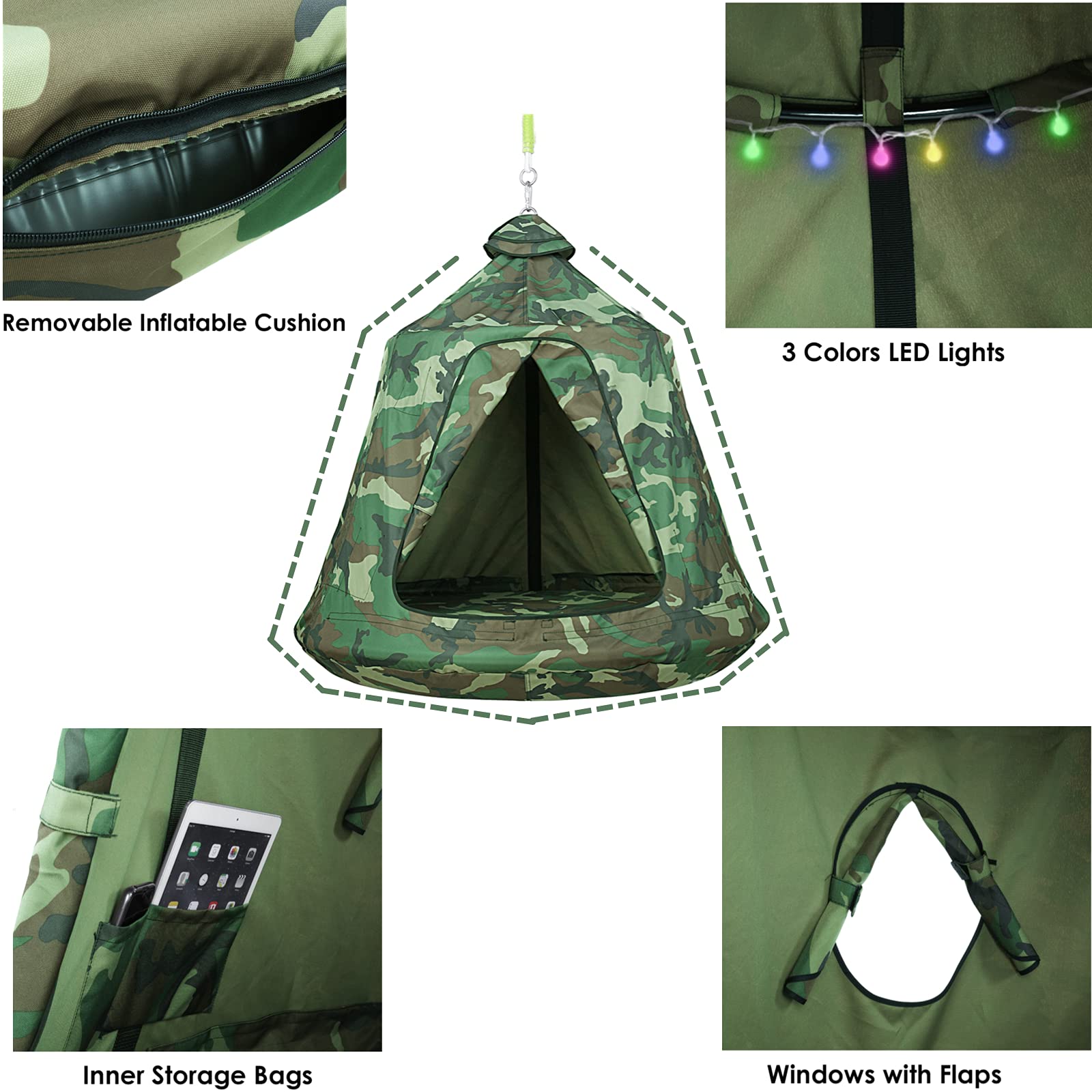 X-Shaped Hanging Tree Tent with Swing Chair & Canopy - 330lb Capacity Steel Frame Hammock for Indoor/Outdoor Use - Perfect for Bedroom, Porch, Balcony & Garden Relaxation (Camouflage Pattern)
