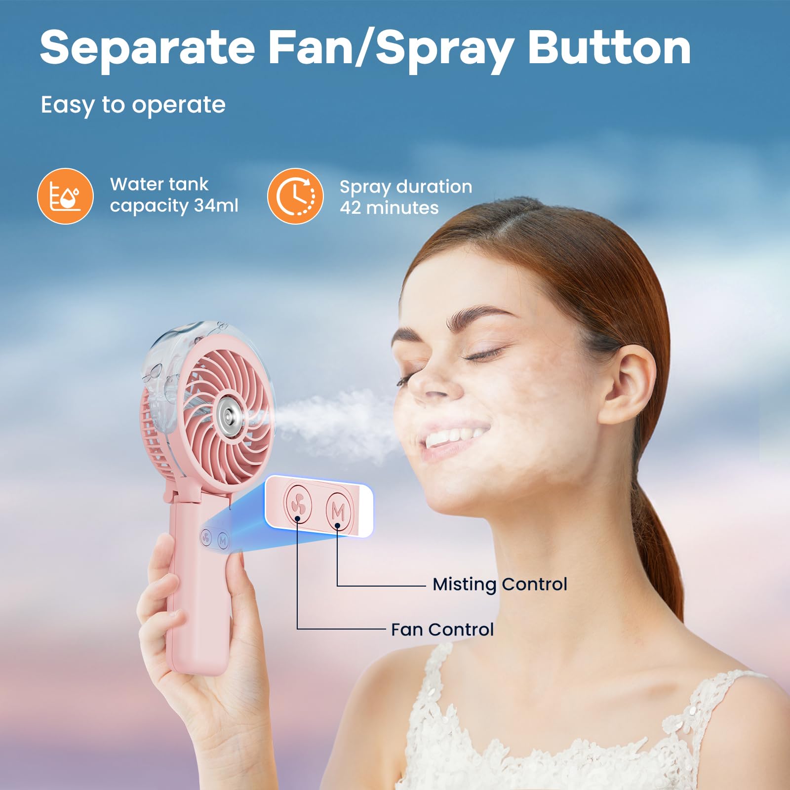 5200mAh Rechargeable Handheld Misting Fan with Portable Charger - 34ml Water Tank, USB Personal Cooling Fan - Compact Spray Mist Fan for Beach, Travel, Camping, Outdoor Sports & Summer Activities (Pink)