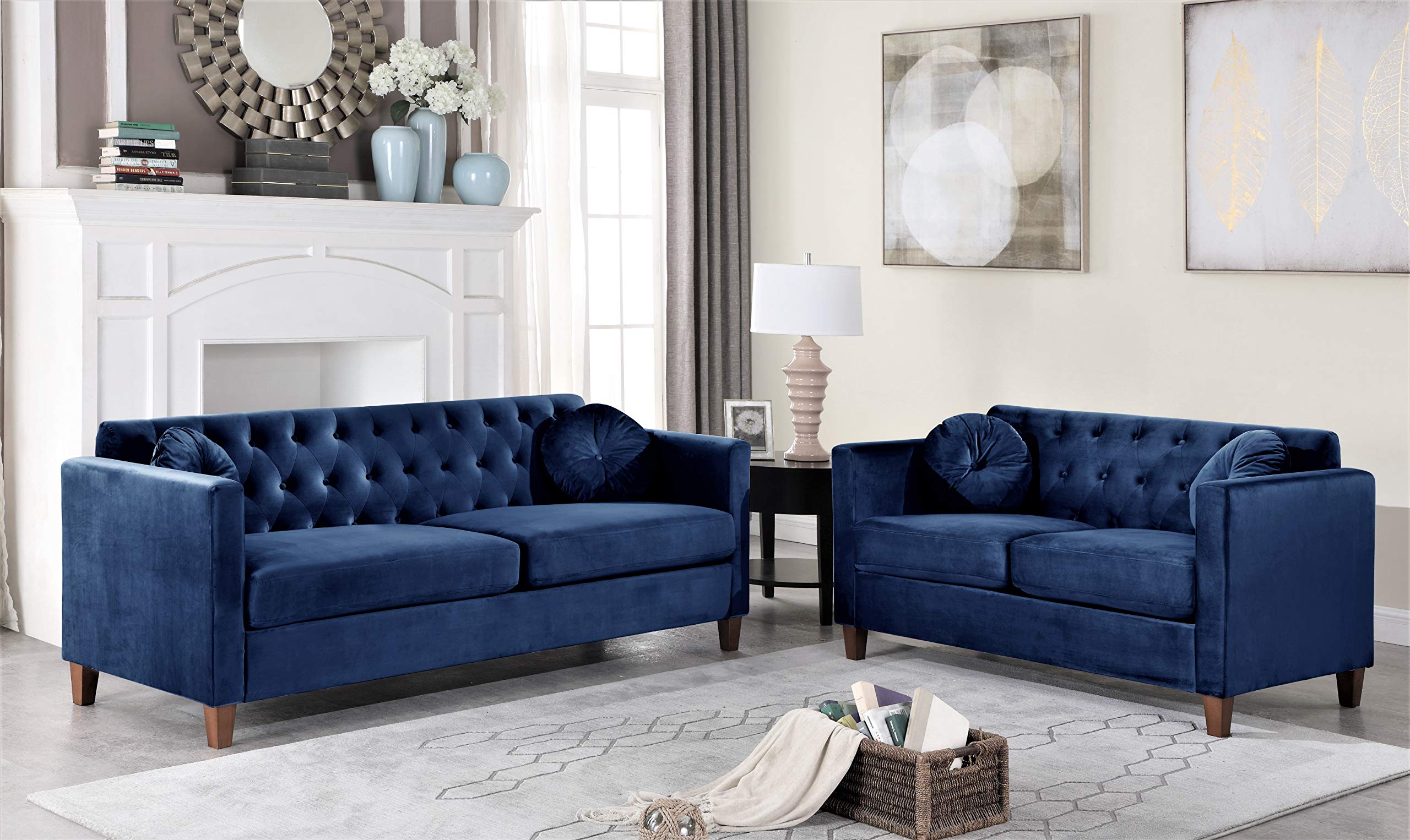 Persaud Classic Chesterfield Velvet Upholstered Living Room Couch - Ultra Blue Sofa for Home, Apartment & Office | Elegant Seating for Entertaining, Relaxing & Workspace Comfort