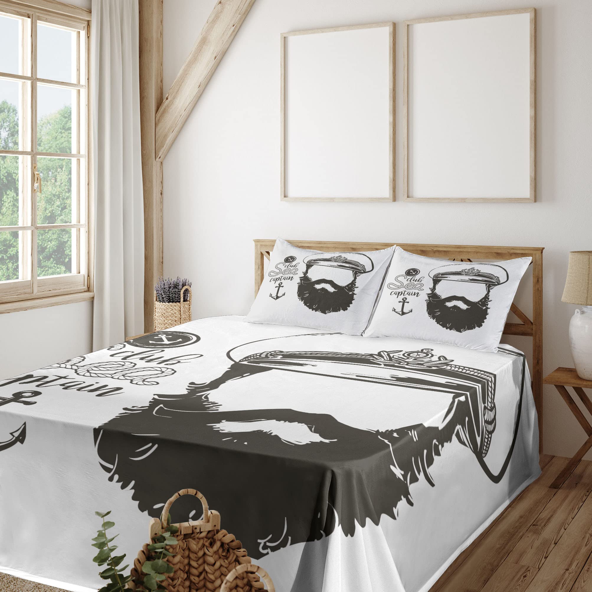 Ambesonne Anchor Sheet Set - 4 Piece King Size Bedding with Faceless Captain & Beard Seaman Illustration | Brown & White Nautical Themed Fitted Sheet, Flat Sheet & Pillowcases | Perfect for Coastal Decor, Beach House Bedrooms & Maritime Enthusiasts