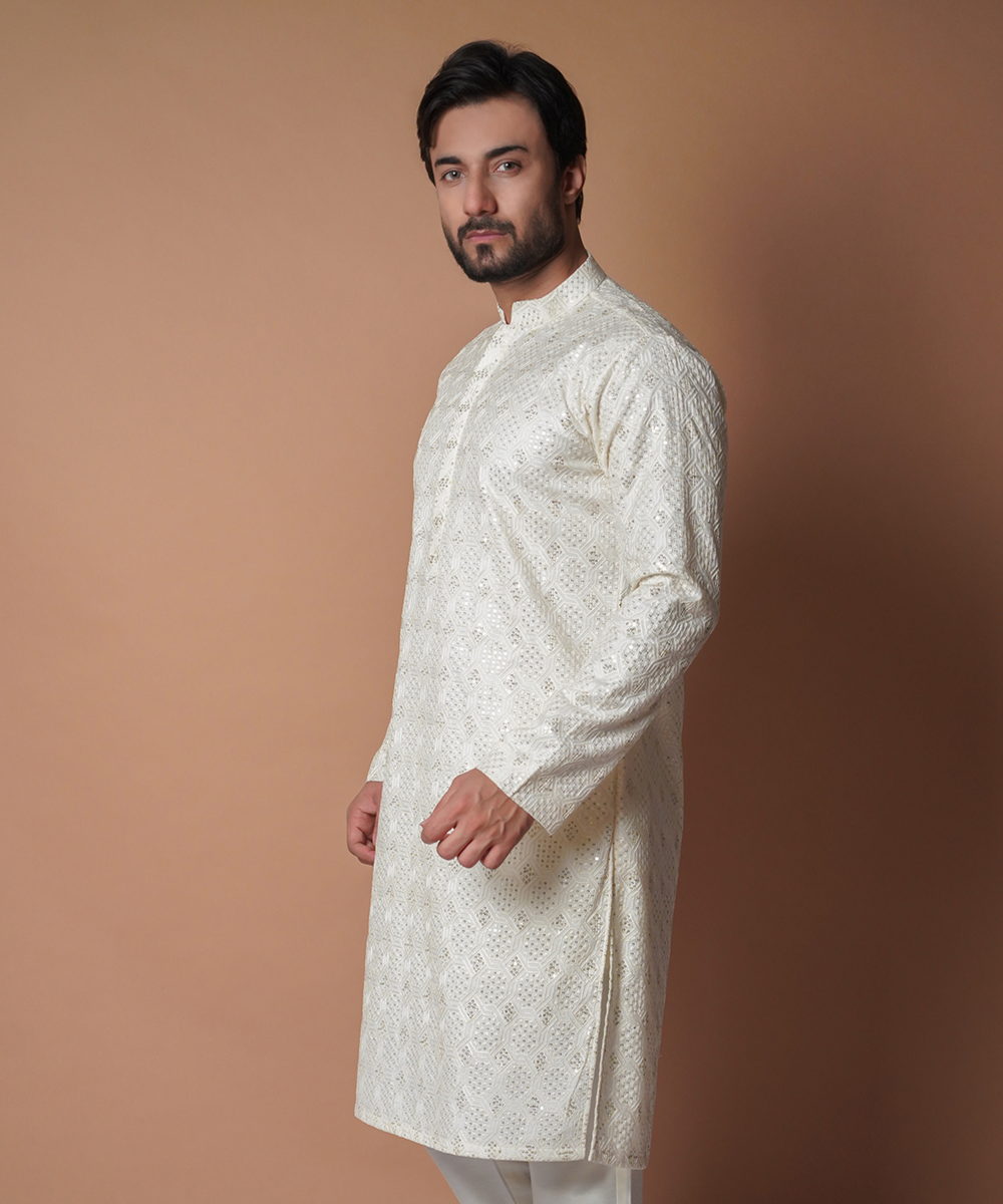 Elegant Ivory Resham Kurta Pants Set for Women - Traditional Indian Ethnic Wear for Festivals, Weddings & Special Occasions