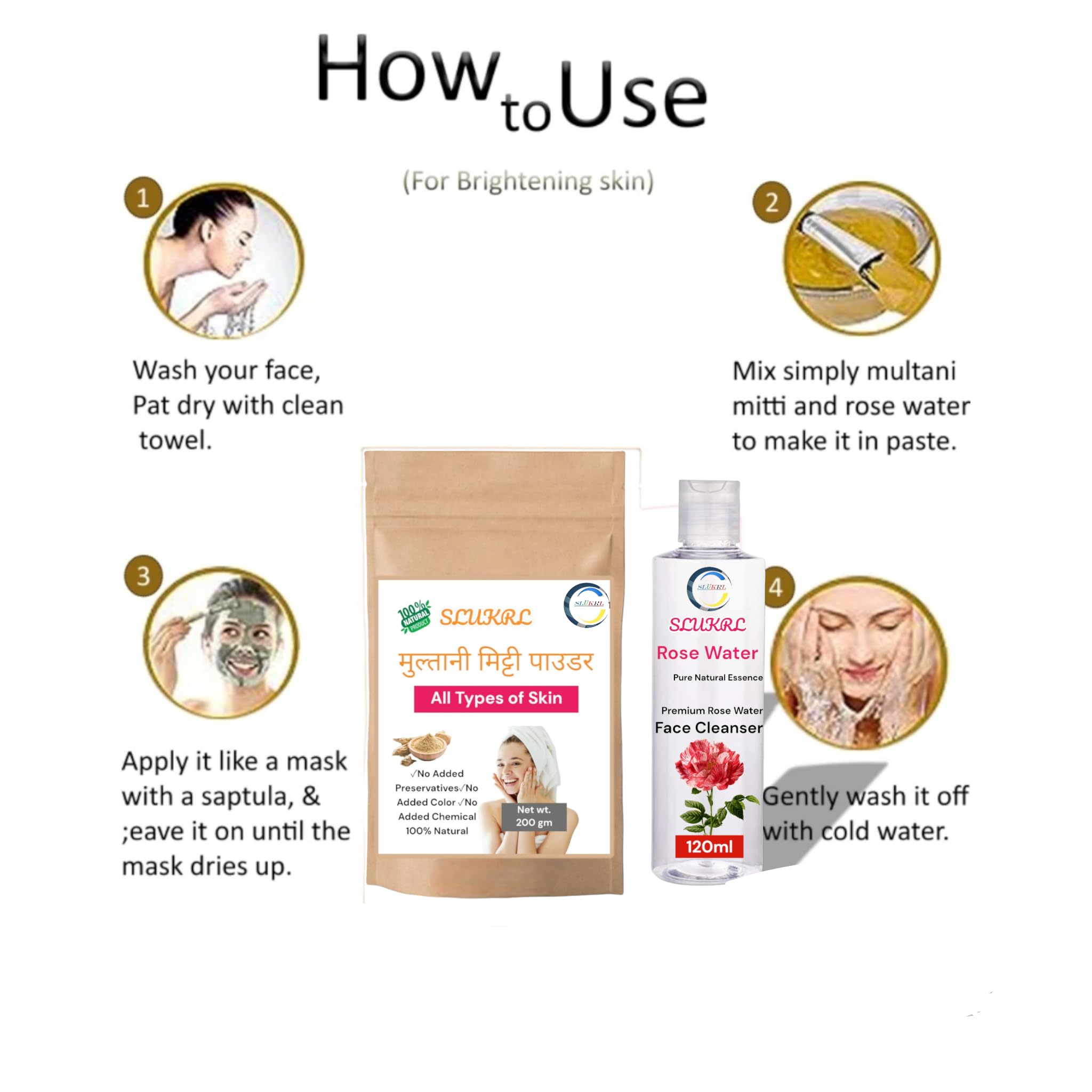 SLUKRL 100% Natural Multani Mitti Face Powder & Rose Water (Gulab Jal) Combo - 200g Clay + 120ml Pack of 2 | Chemical-Free, Ayurvedic Skincare for Glowing Skin | Perfect for Facial Masks, Acne Treatment & Daily Beauty Routine