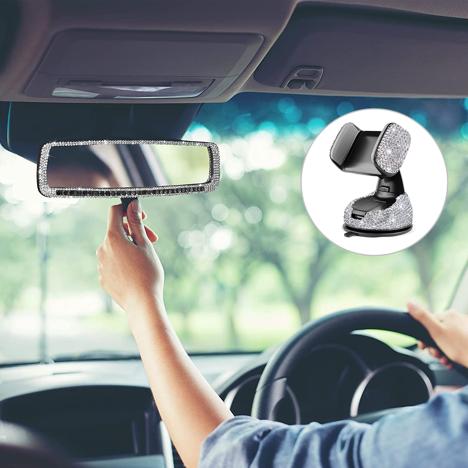 **Premium Car Phone Mount Holder with Extra Air Vent Base & Bling Rhinestone Rearview Mirror - Stylish Car Accessories for Women, Birthday & Holiday Gifts - Perfect for Commuting, Road Trips & Daily Driving**