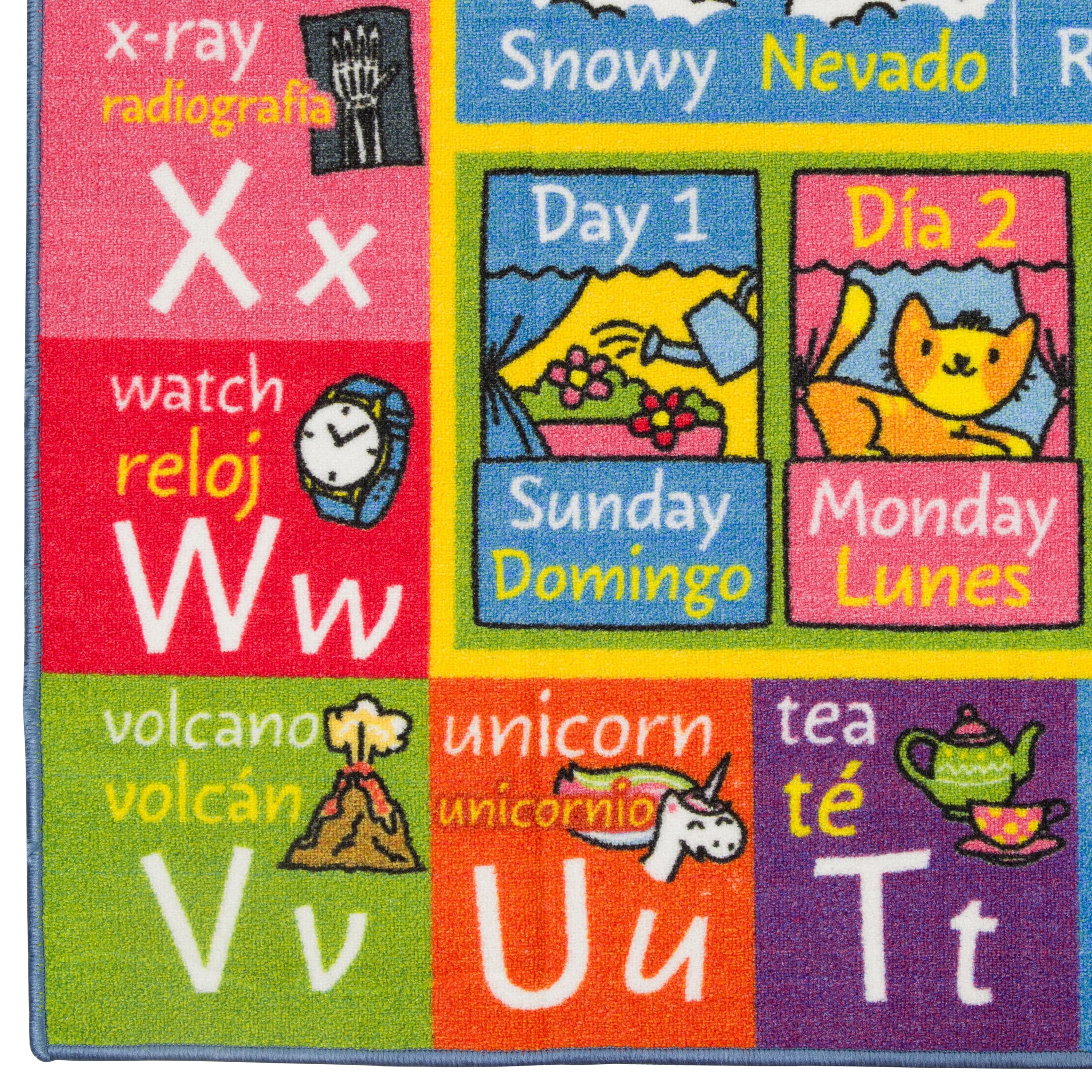 KC Cubs ABC Alphabet, Seasons, Days + Spanish Translations Educational Learning Rug - Kids Play Mat for Bedroom, Classroom & Playroom - Perfect for Toddler Learning Activities & Early Childhood Education