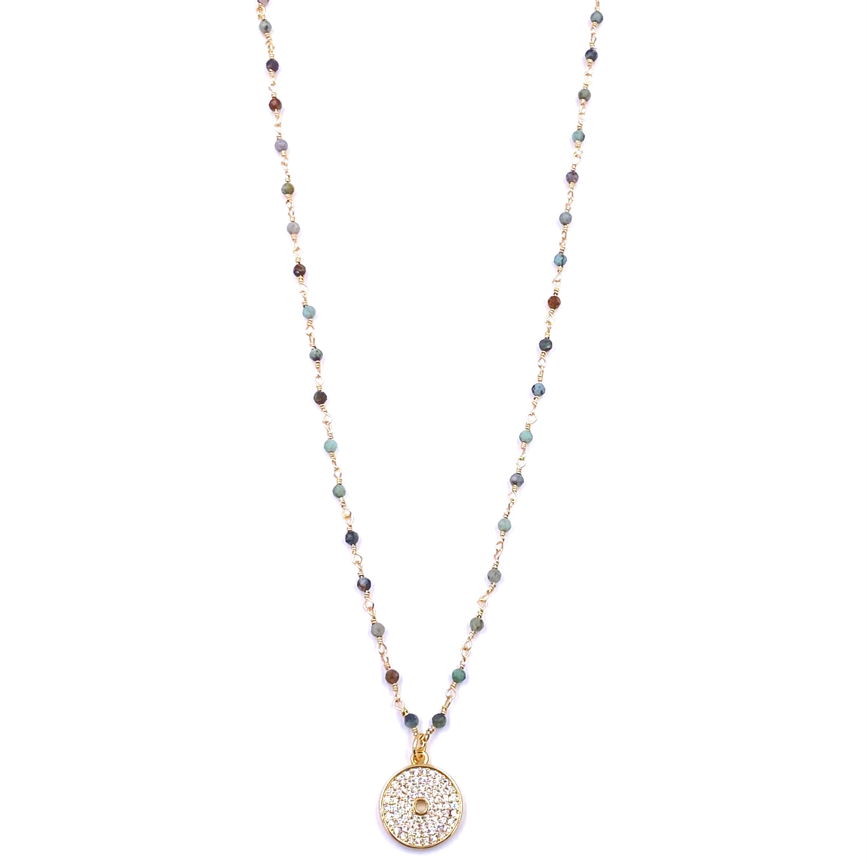 Ashley Gold Stainless Steel Green Beaded Chain Necklace with Gold Plated Circle Pendant - Elegant Jewelry for Women, Perfect for Parties, Weddings & Date Nights