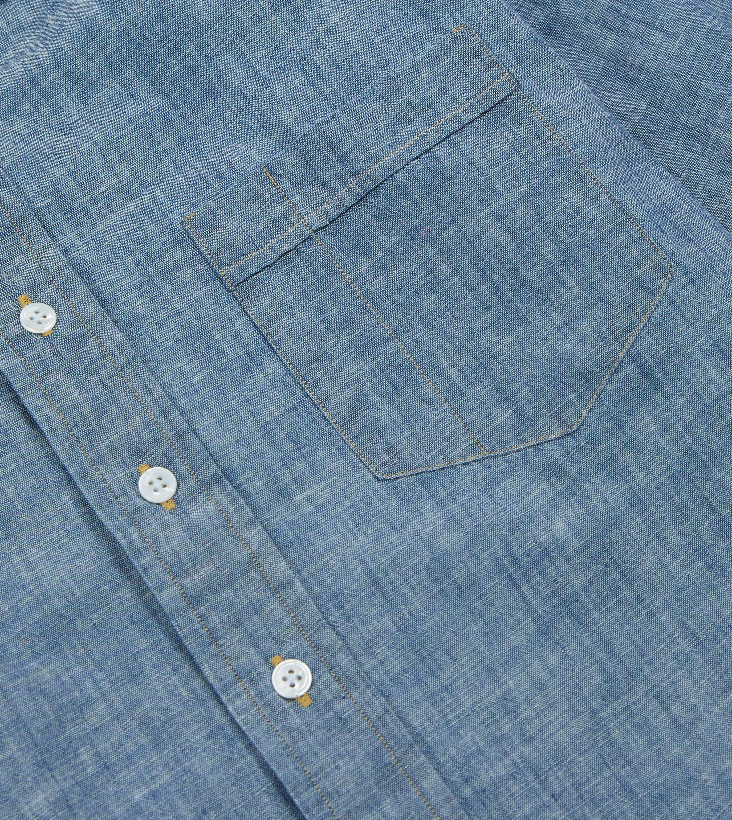 Blue Chambray Long Point Collar Shirt for Men - Casual Button Down Dress Shirt - Office Wear & Smart Casual Outfits