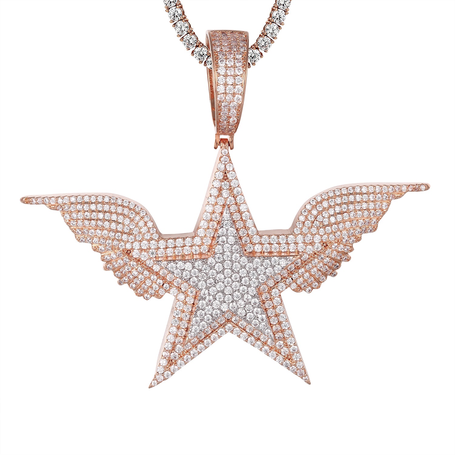 Rose Gold Plated Angel Wings Pendant Necklace - Sterling Silver Icy Micro Pave Tennis Chain for Men & Women - Perfect for Hip Hop Fashion, Rapper Style & Everyday Wear