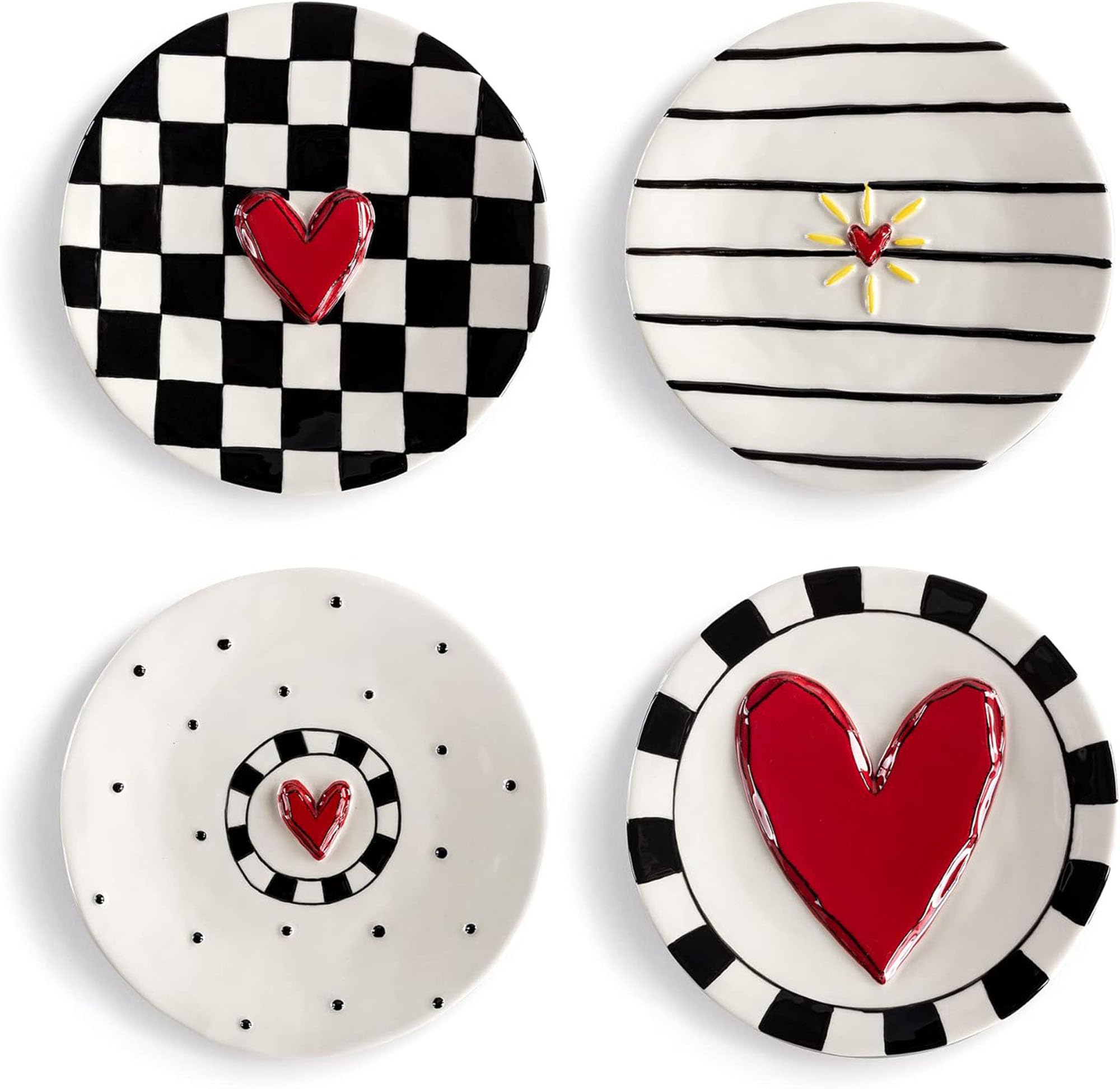 DEMDACO 6.5 Inch Stoneware Appetizer Plates Set of 4 - Elegant Black and Red Heart Design for Dinner Parties, Valentine's Day & Romantic Date Nights