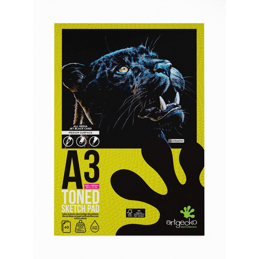 Artgecko Pro Toned Sketchpad A3 Size - 40 Sheets 200gsm Premium Black Paper for Drawing, Sketching & Charcoal Art - Perfect for Artists, Illustrators & Designers