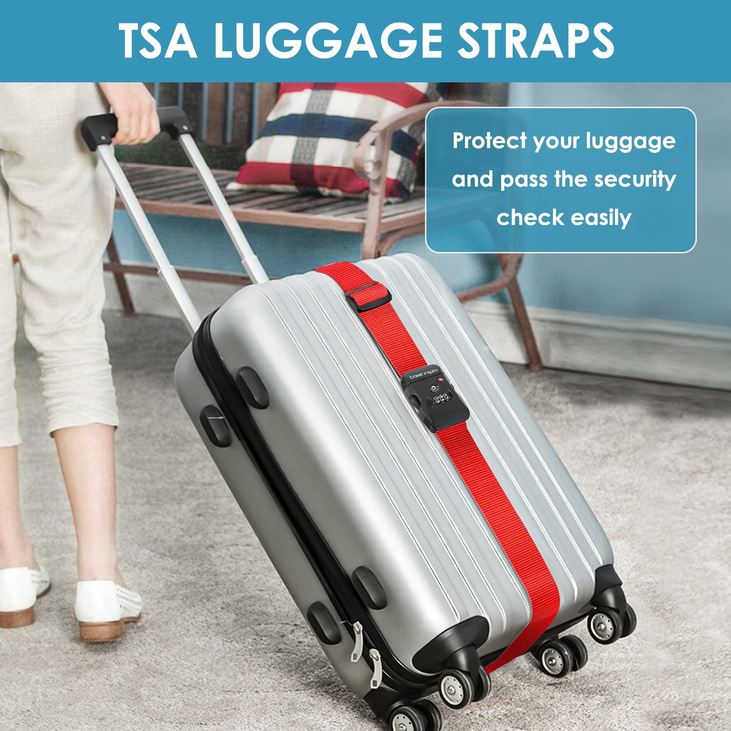 TSA Approved Adjustable Luggage Strap with Combination Lock - Secure & Easy to Use Travel Belt for Suitcases, Backpacks & Bags - Perfect for Air Travel, Vacation & Business Trips (Red)