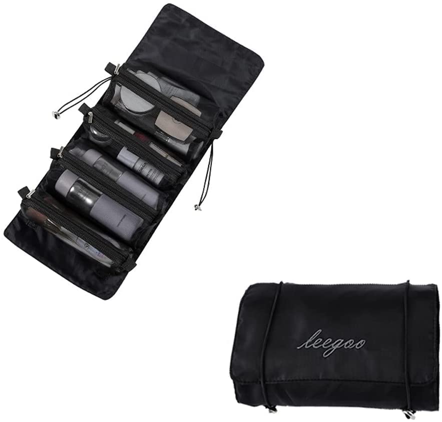 Sunvibe 4-in-1 Foldable Hanging Travel Makeup Bag | Waterproof Cosmetic Organizer for Women | Portable Toiletry Storage Case (Black) - Perfect for Vacation, Camping & Daily Use