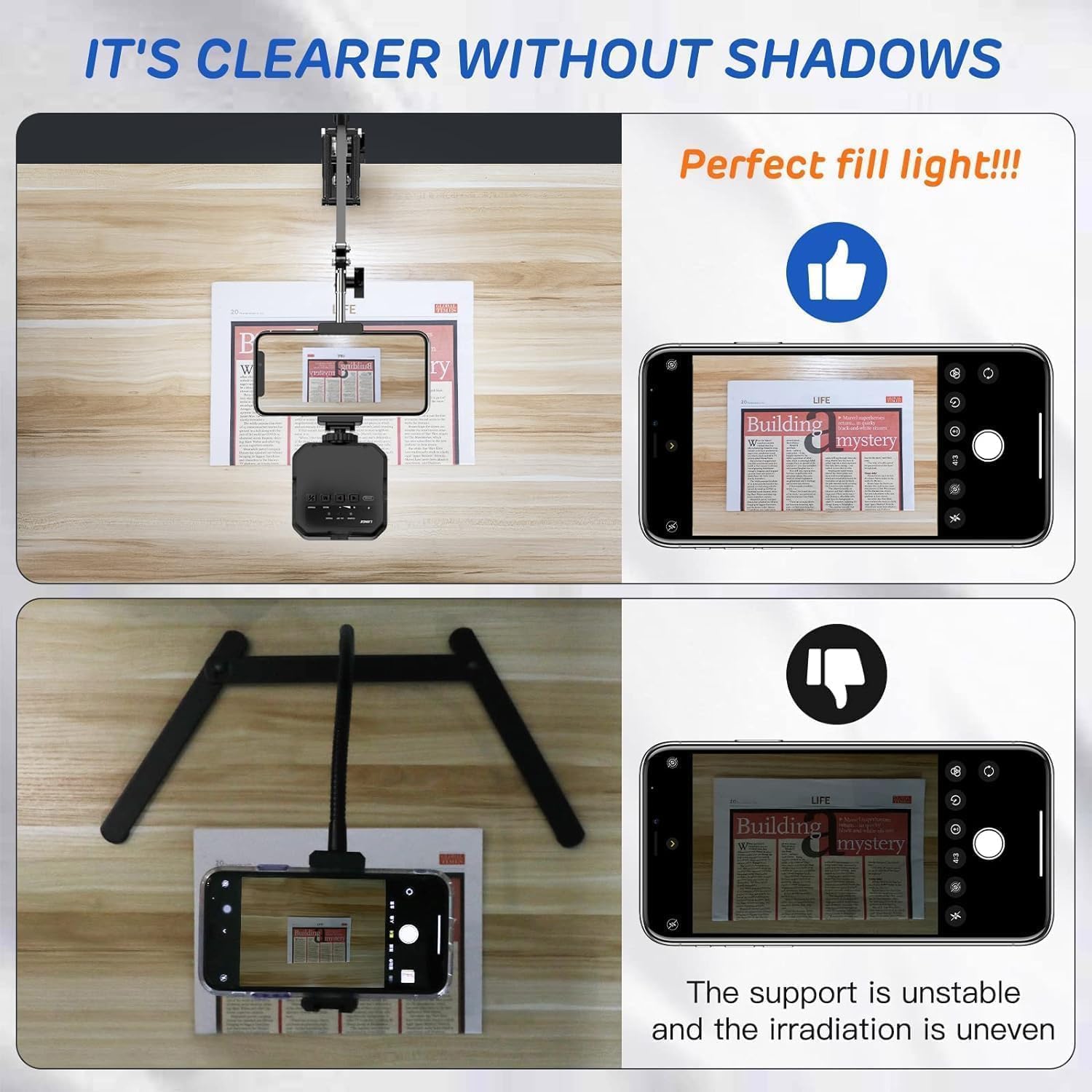 Adjustable Overhead Phone Mount with Articulating Arm & LED Light - Flexible Phone Stand for Live Streaming, Video Recording, TikTok, YouTube, Cooking & DIY Projects - Perfect for Content Creators, Vloggers & Home Chefs