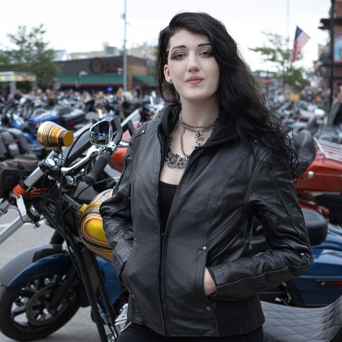 Milwaukee Leather MLL2555 Women's Black 3/4 Length Hooded Leather Jacket with Side Stretch Panels - Perfect for Motorcycle Riding, Casual Outfits & Fall Fashion