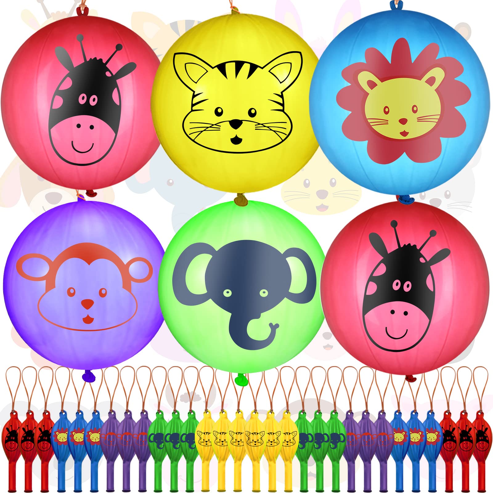 30-Pack Wild Animal Punch Balloons - 18 Inch Large Inflatable Bouncy Balls with Rubber Band Handles - Assorted Colors for Birthday Parties, Carnival Games, Kids Outdoor Play & Animal-Themed Events