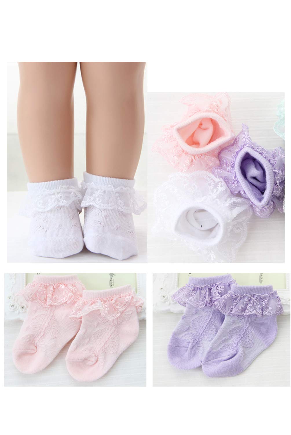 4 Pack Baby Toddler Girls Lace Cotton Socks with Eyelet Frilly Trim (0-8T) - Soft & Breathable for Everyday Wear, Playtime & Special Occasions