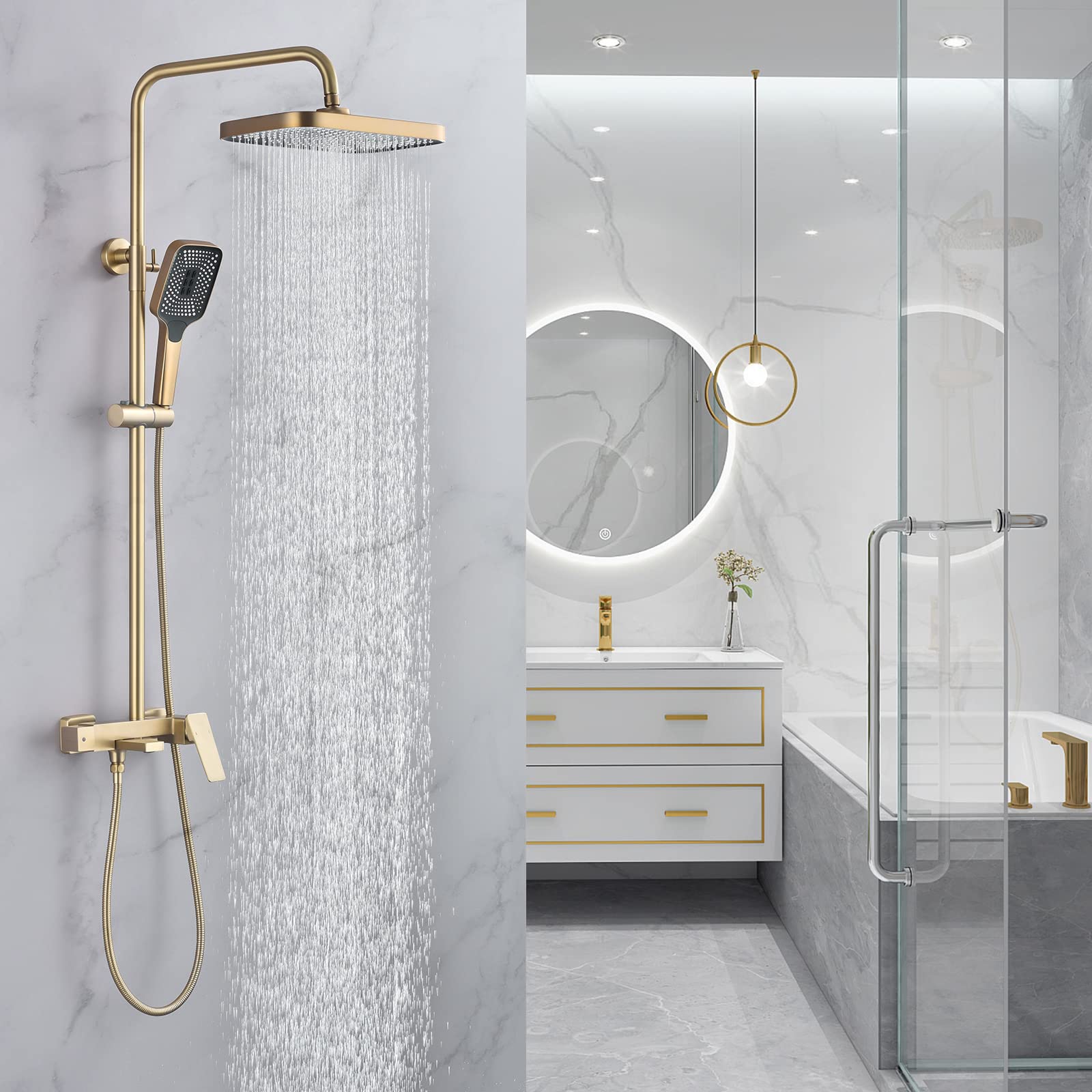 CHALIRS Luxury Brushed Gold Shower System Kit - 3 Function Rain Shower Head with Handheld & Brass Valve | Exposed Pipe Bathroom Faucet Set for Modern Home Spa Experience
