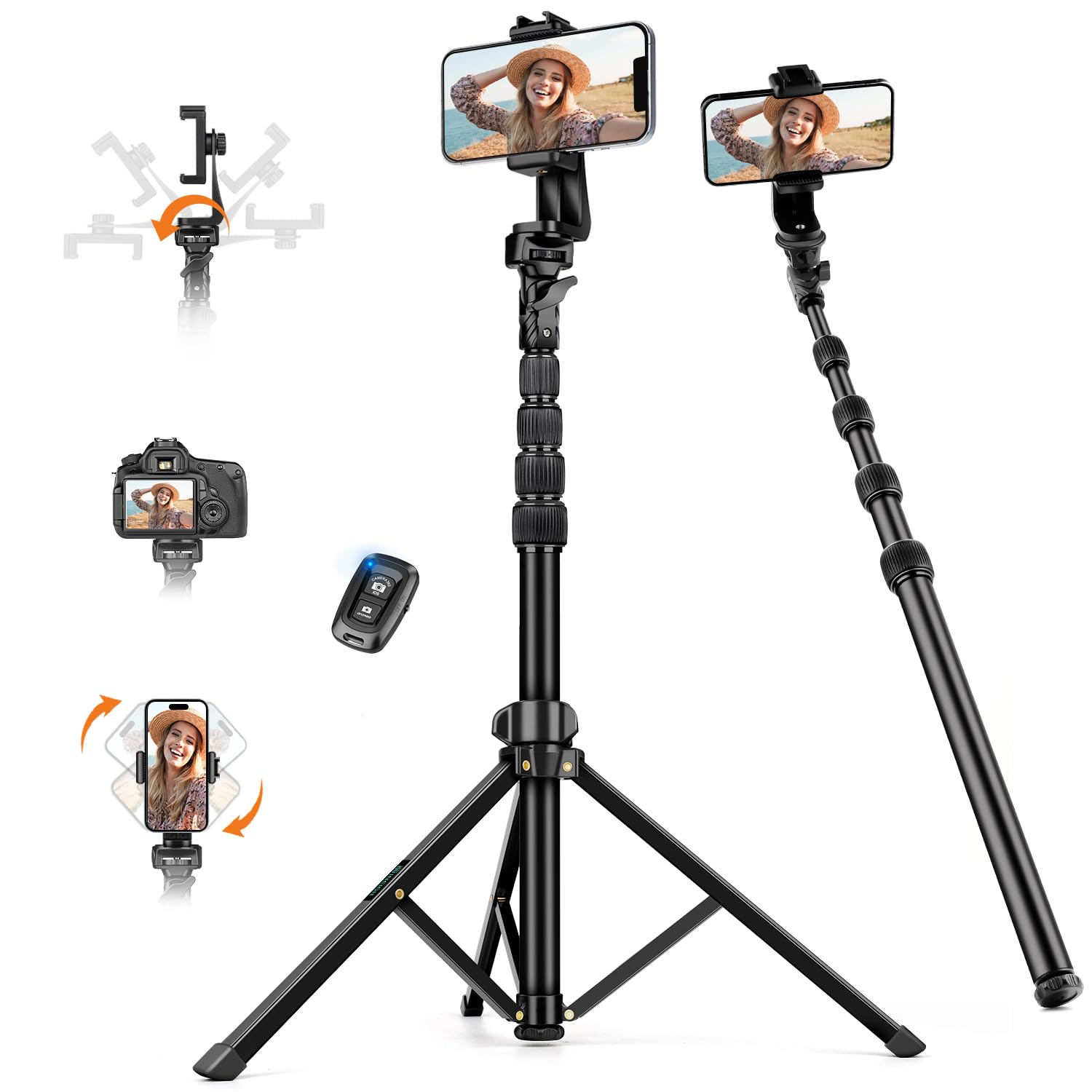 Nineigh 190cm Aluminum Phone Tripod with Remote & Holder - Extendable Selfie Stick Stand for iPhone, Samsung, Huawei & Action Cameras - Perfect for Vlogging, Live Streaming & Outdoor Photography