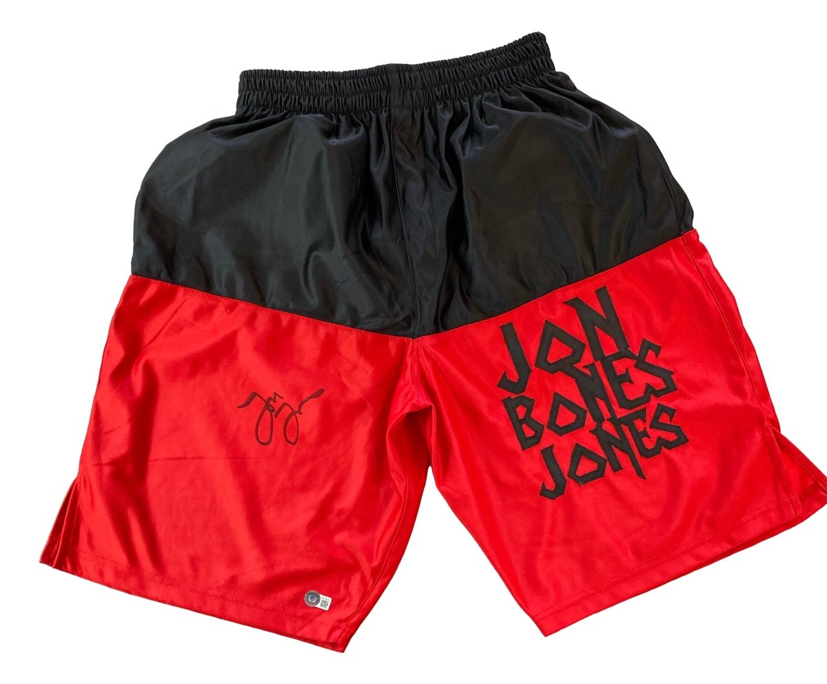Jon Jones Signed Custom Black & Red MMA Fighting Shorts - Authentic Collectible for UFC Fans - Perfect for Memorabilia Display & MMA Training Gear