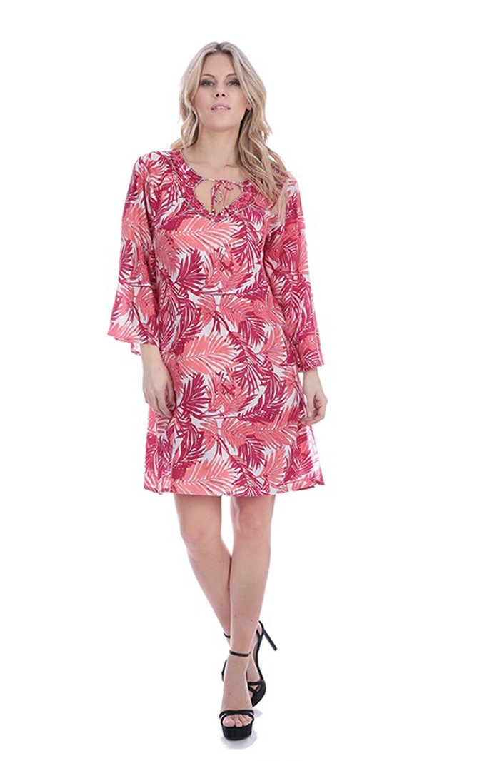 Women's 3/4 Sleeve Beaded Tie Neck Summer Tunic Dress - Elegant Flowy Casual Outfit for Beach, Party & Vacation Wear