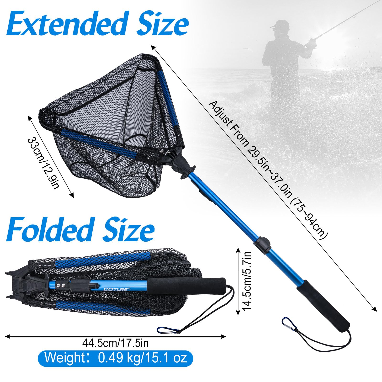 Goture Floating Fishing Net with Built-in Length Scale - Aluminum Telescoping Handle, Rubber Mesh, Foldable & Collapsible Design - Extendable Landing Net for Bass, Trout Fishing (Perfect for Kayak, Boat & Shore Fishing)