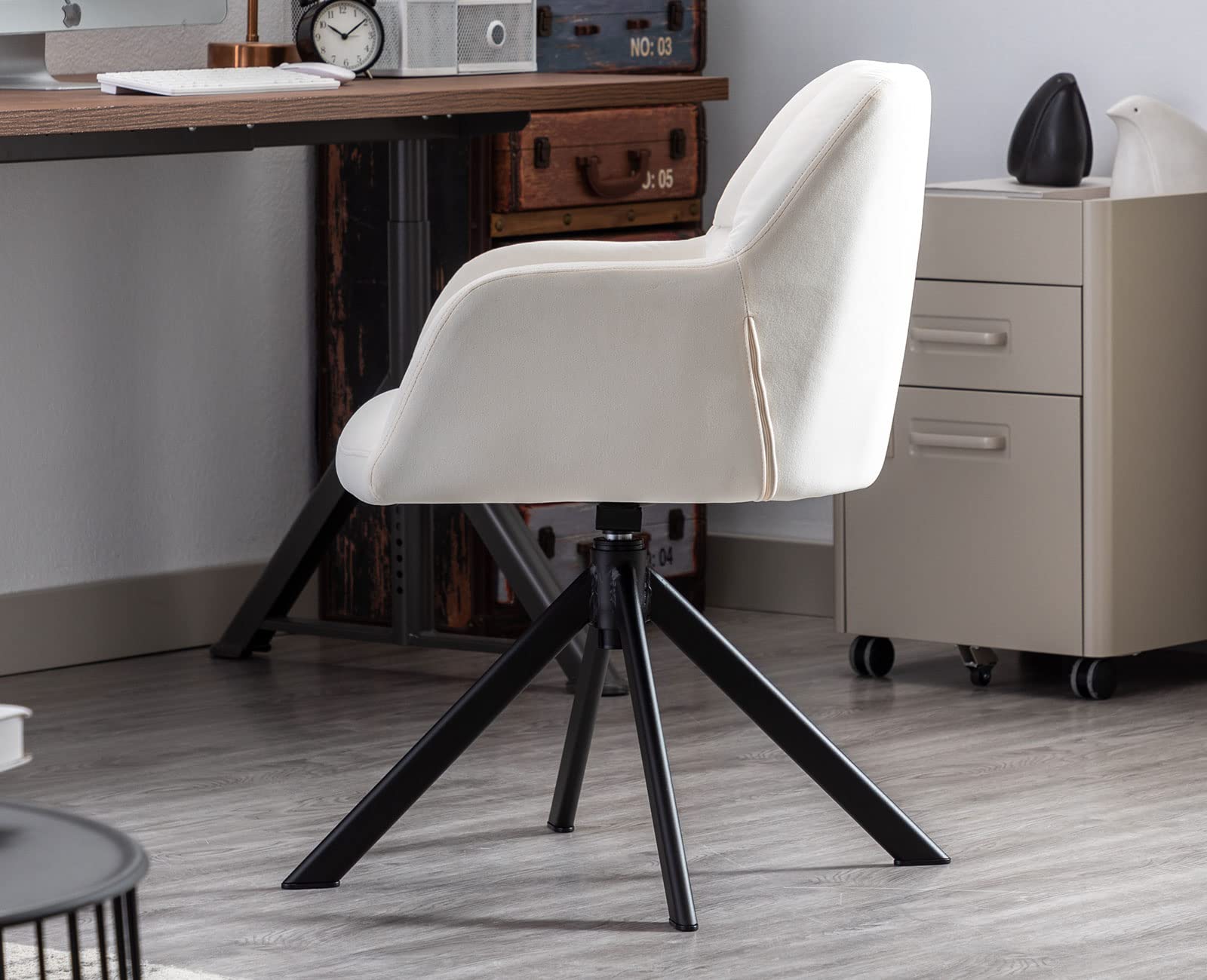 Velvet Swivel Accent Chair with Armrests - Mid Back Upholstered Desk Chair for Small Spaces, No Wheels - Perfect for Home Office, Bedroom, Living Room & Vanity Reading (White)