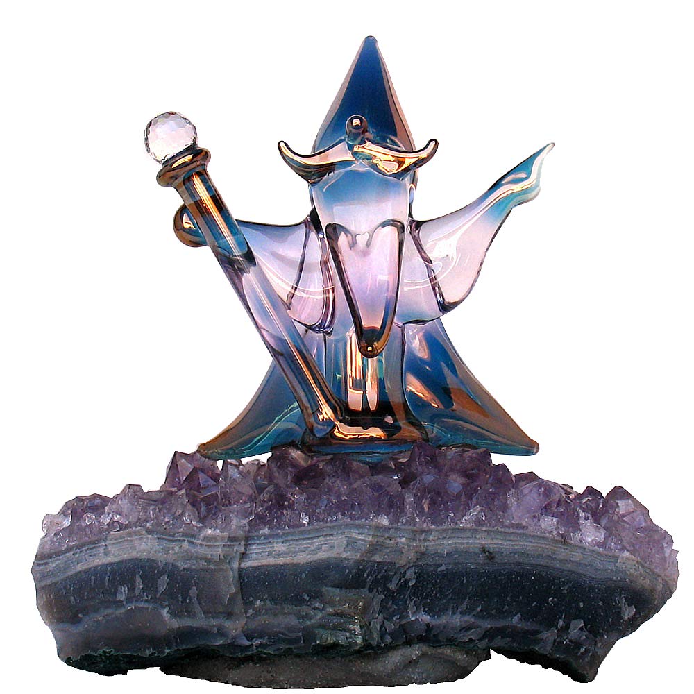 Hand Blown Glass Wizard Figurine on Amethyst Base - Unique Crystal Decor for Home, Office & Gift Giving - Perfect for Fantasy Lovers, Meditation Spaces & Witchy Aesthetics