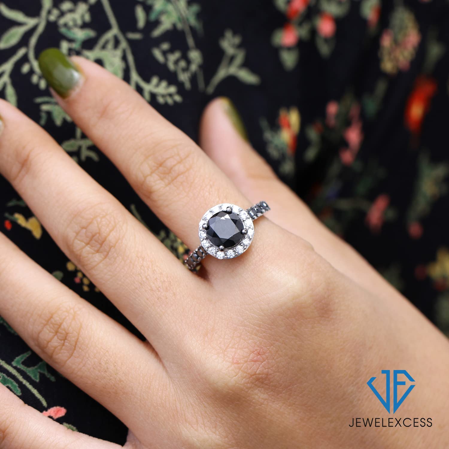 JEWELEXCESS 2.00CTW Black & White Diamond Halo Ring for Women - Sterling Silver Engagement Ring with Halo Setting - Elegant Wedding Band & Anniversary Gift - Perfect for Date Nights & Special Occasions