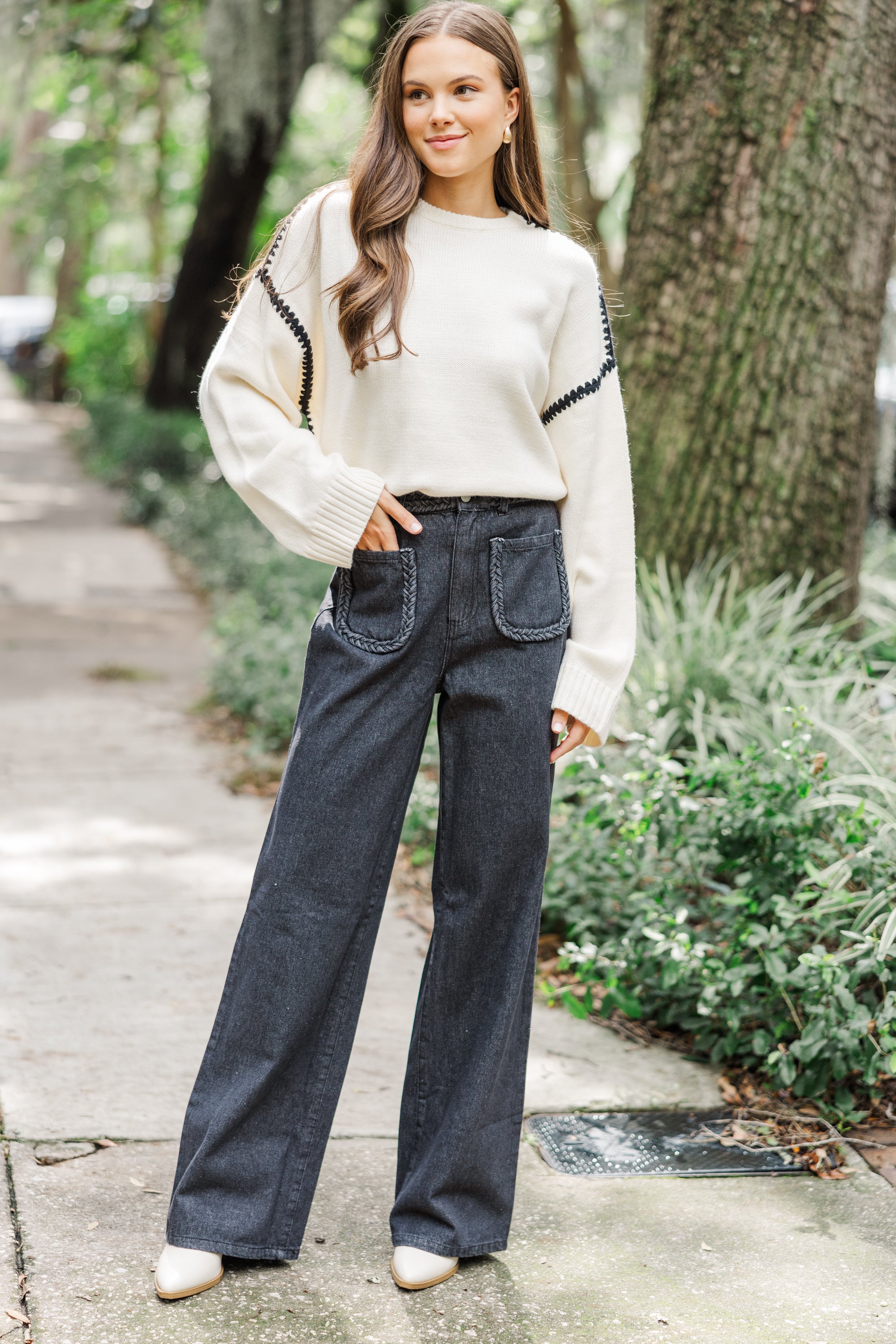 Before You Know It Cream White Contrast Stitch Sweater | Women's Casual Knit Pullover | Perfect for Fall Outfits & Cozy Winter Wear