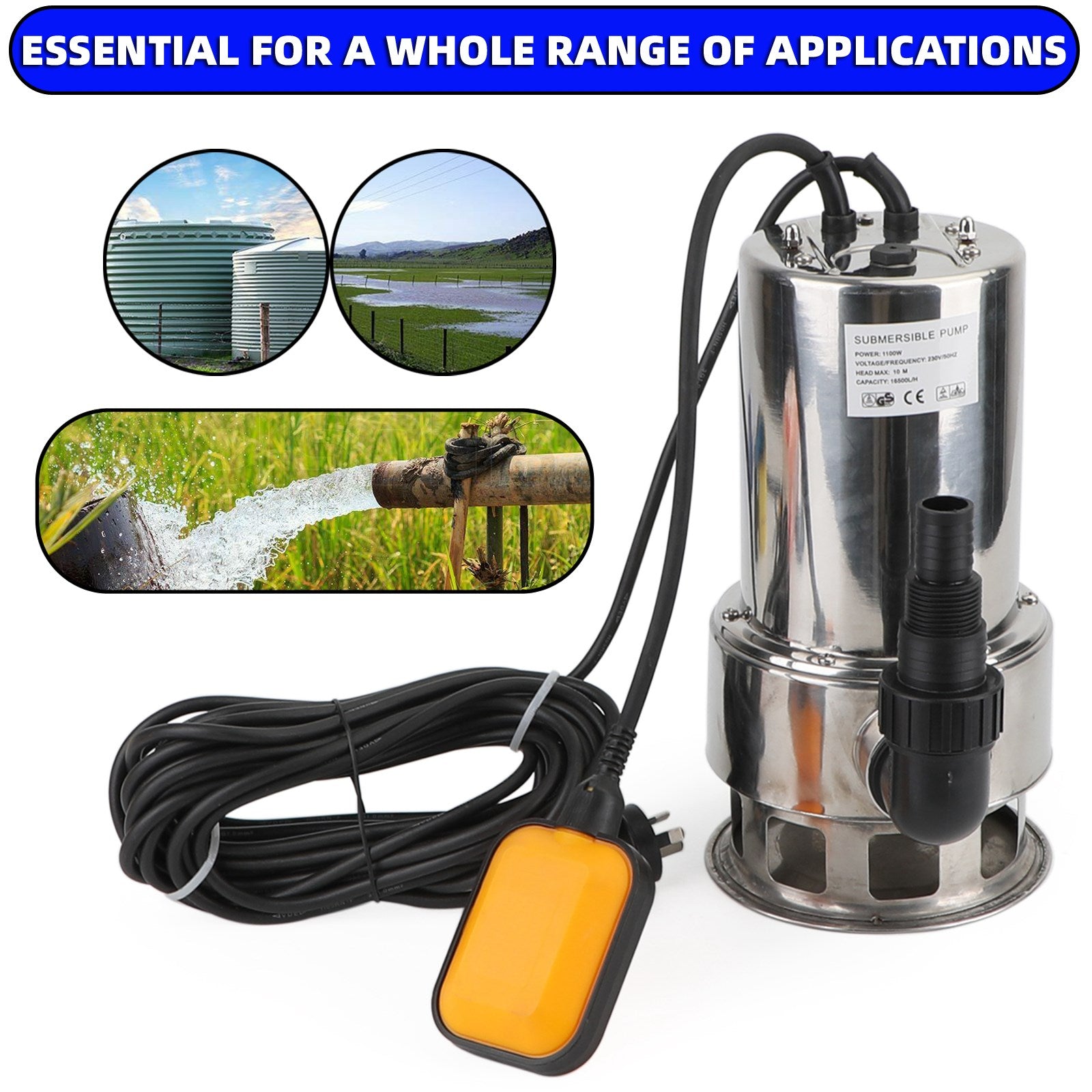 1100W Submersible Dirty Water Pump for Bore Tank Well - Automatic Steel Construction - Ideal for Flood Control, Drainage, and Irrigation