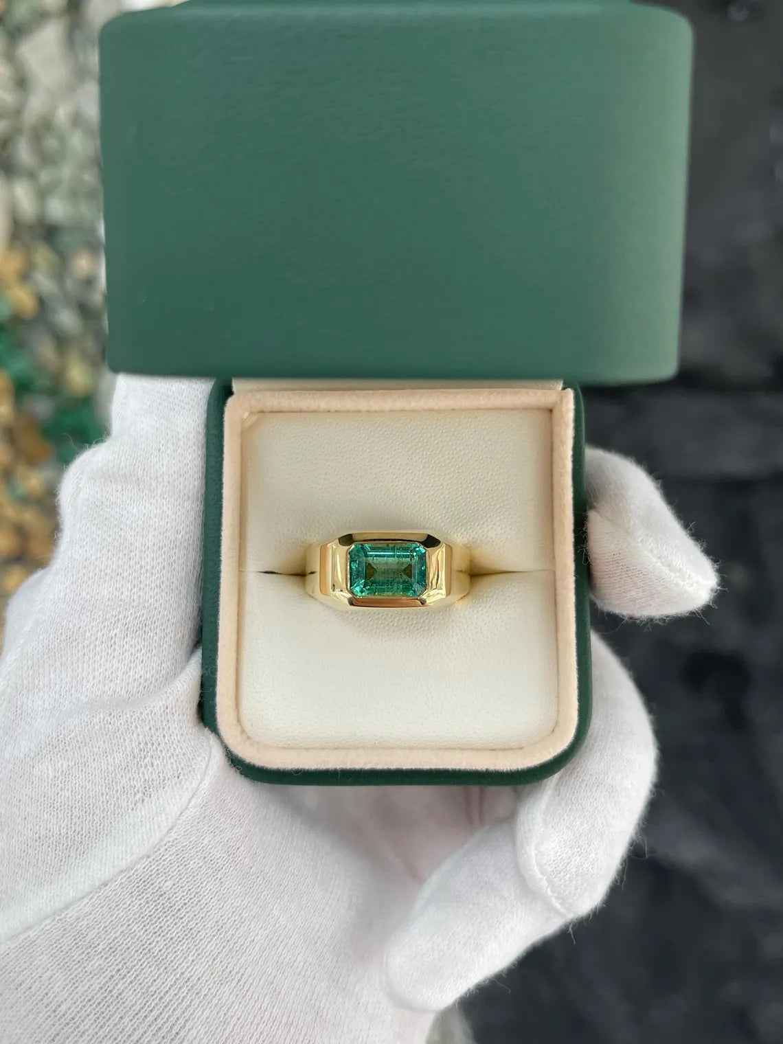 2.66ct Natural Emerald Cut Bluish Green Emerald Solitaire Ring for Men - Bezel Set Luxury Wedding Band, Anniversary Gift & Everyday Jewelry