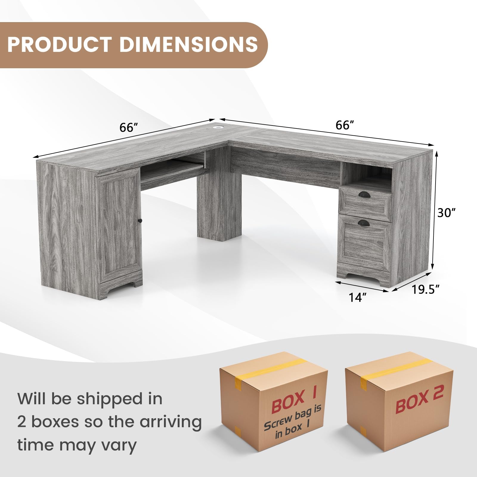 GOFLAME 66 Inch L-Shaped Computer Desk with Drawers & Cabinet - Spacious Corner Office Desk with Keyboard Tray, Ergonomic Gaming Workstation for Home Office, Study Room or Bedroom (Gray) - Perfect for Remote Work, Online Classes & PC Gaming Setup