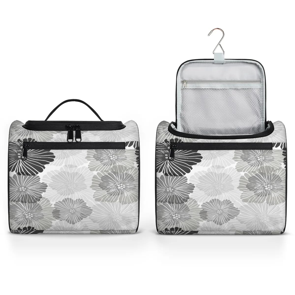 Light Gray Floral Hanging Toiletry Bag for Women & Girls - Multi-Compartment Cosmetic Makeup Organizer - Large Travel Toiletry Bag with Hanging Hook - Perfect for Travel, Camping & Gym Essentials